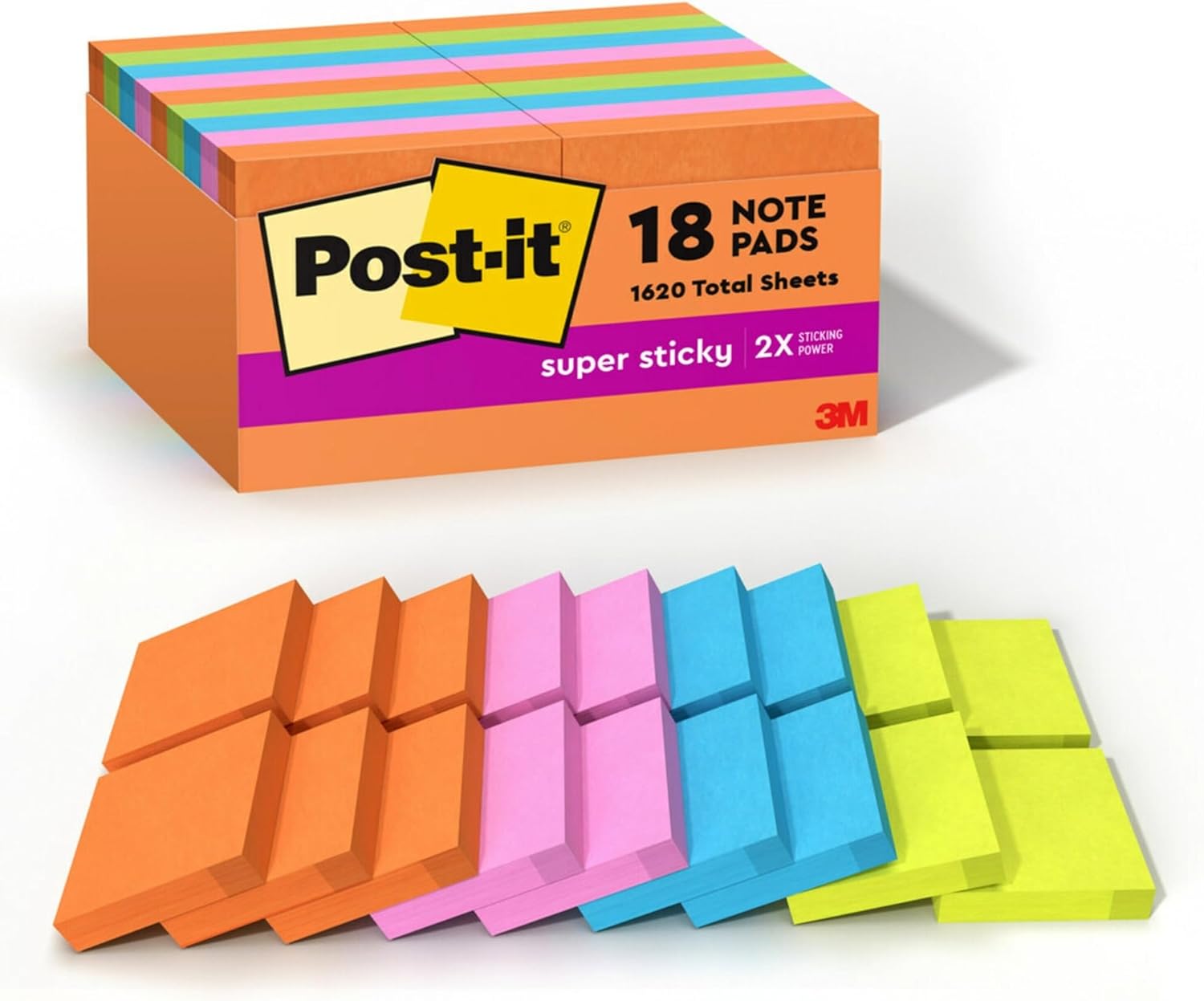 Post-it Super Sticky Notes, 1-7/8 in x 1-7/8 in, 18 Pads, 90 Sheets/Pad, 2X The Sticking Power, Back to School Supplies