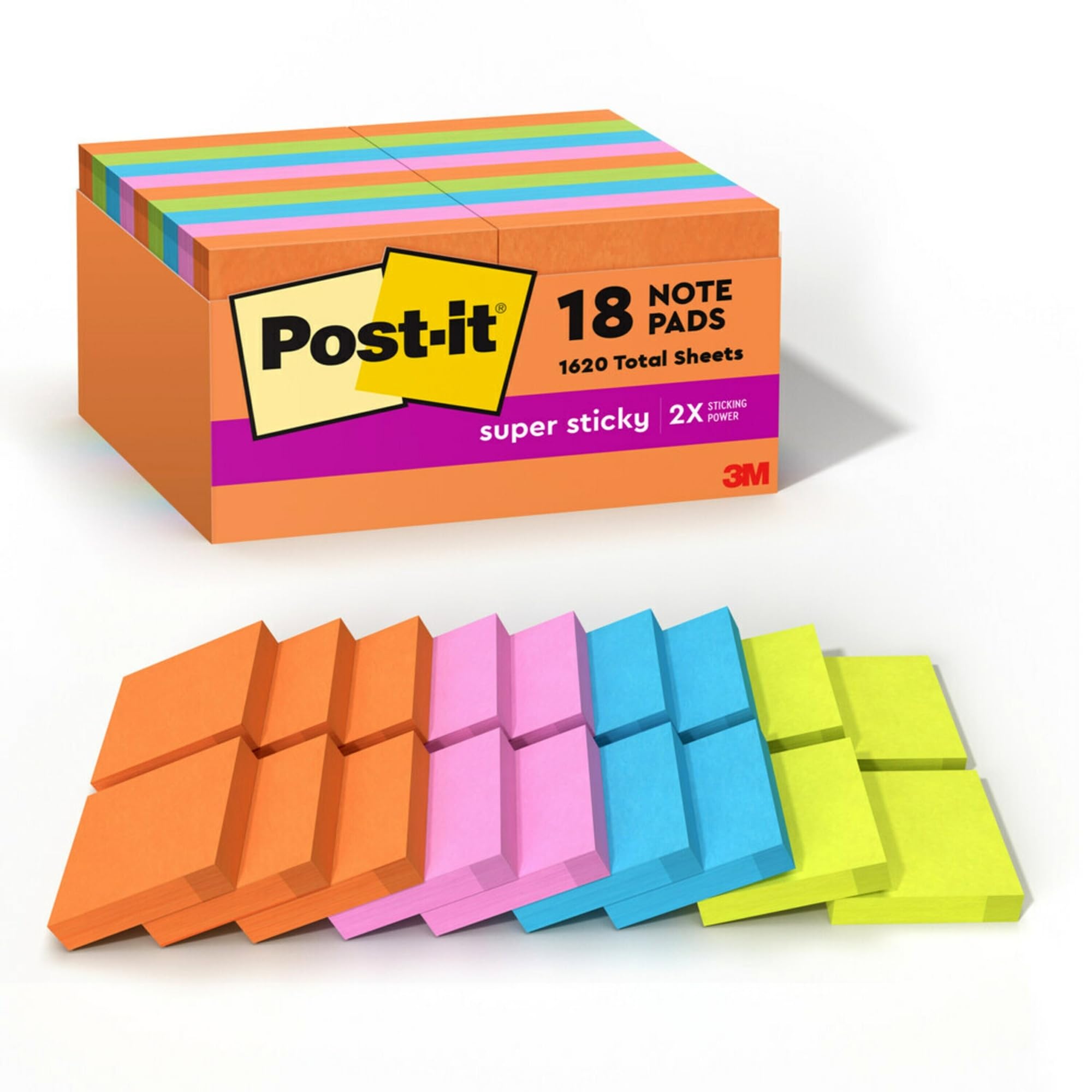 Post-it Super Haftnotizen, 4,8 x 4,5 cm, 18 Blöcke, 90 Blatt/Block, 2 x Haftkraft, Schulbedarf