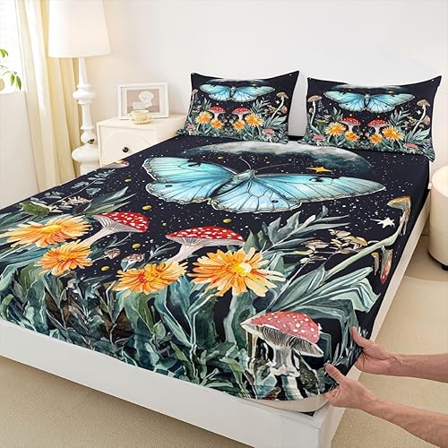 Erosebridal Juego de sábanas ajustables de mariposa azul para niñas y mujeres, juego de sábanas bajeras de fase lunar tamaño Queen, lindo juego de