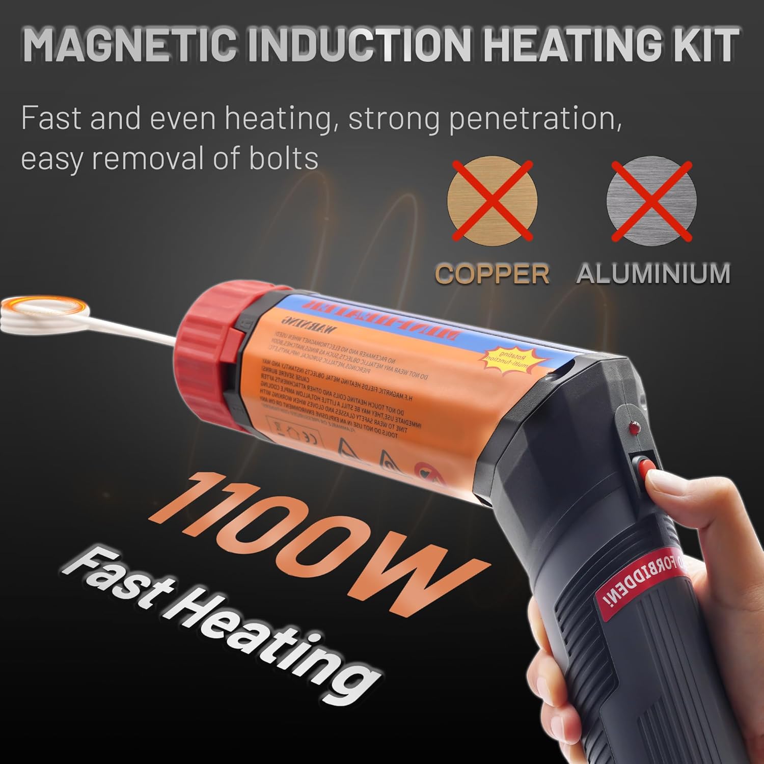 Magnetic Induction Heater Kit, 1100W 110V Induction Heater Bolt Removal Tool, Rusty Screw Removing Tool with Rotatable Handle, 3 Coils, Overheat Protection
