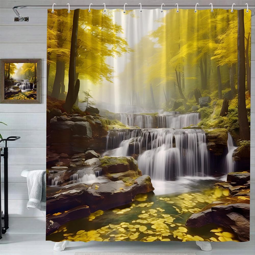 Autumn Waterfall Shower Curtain Fall Yellow Maple Tree Falling Leaves and Waterfall Stream Mossy Rock Autumn Rainforest Jungle Seasonal Natural Landscape Fabric Bathroom Curtains with Plastic Hooks