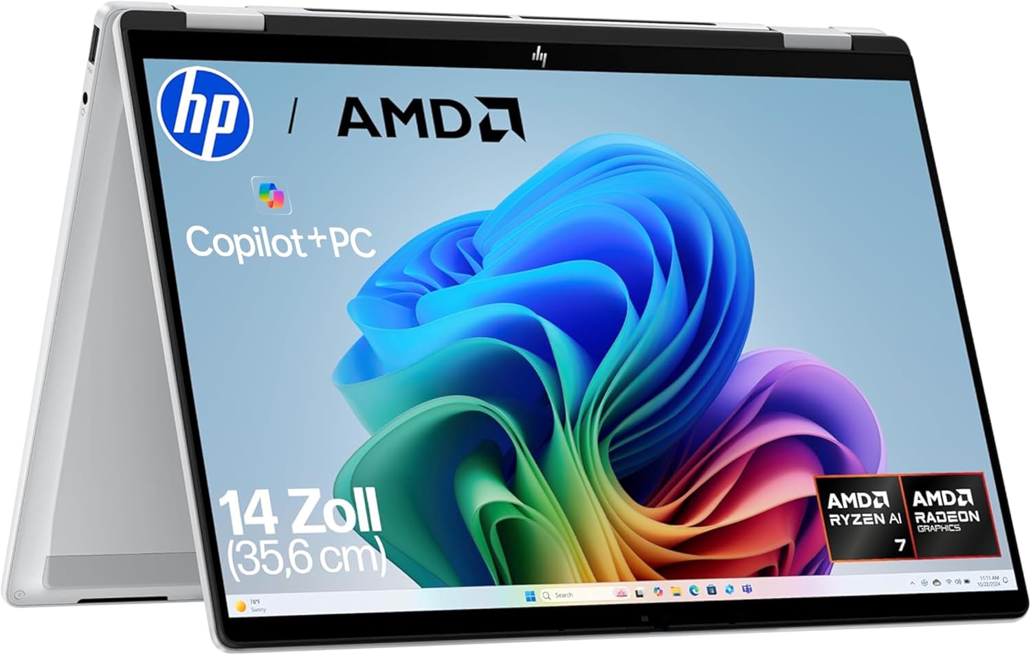 HP OmniBook X Flip 2-in-1 Next Gen AI Laptop, AMD Ryzen AI 7 350 (8C), Dedicated NPU for AI, 50 NPU Tops, Copilot+ PC, 14 Inch WUXGA 1920 x 1200 Touchscreen, 16 GB, 512 GB SSD, Win11, QWERTZ, Silver – HP product photo