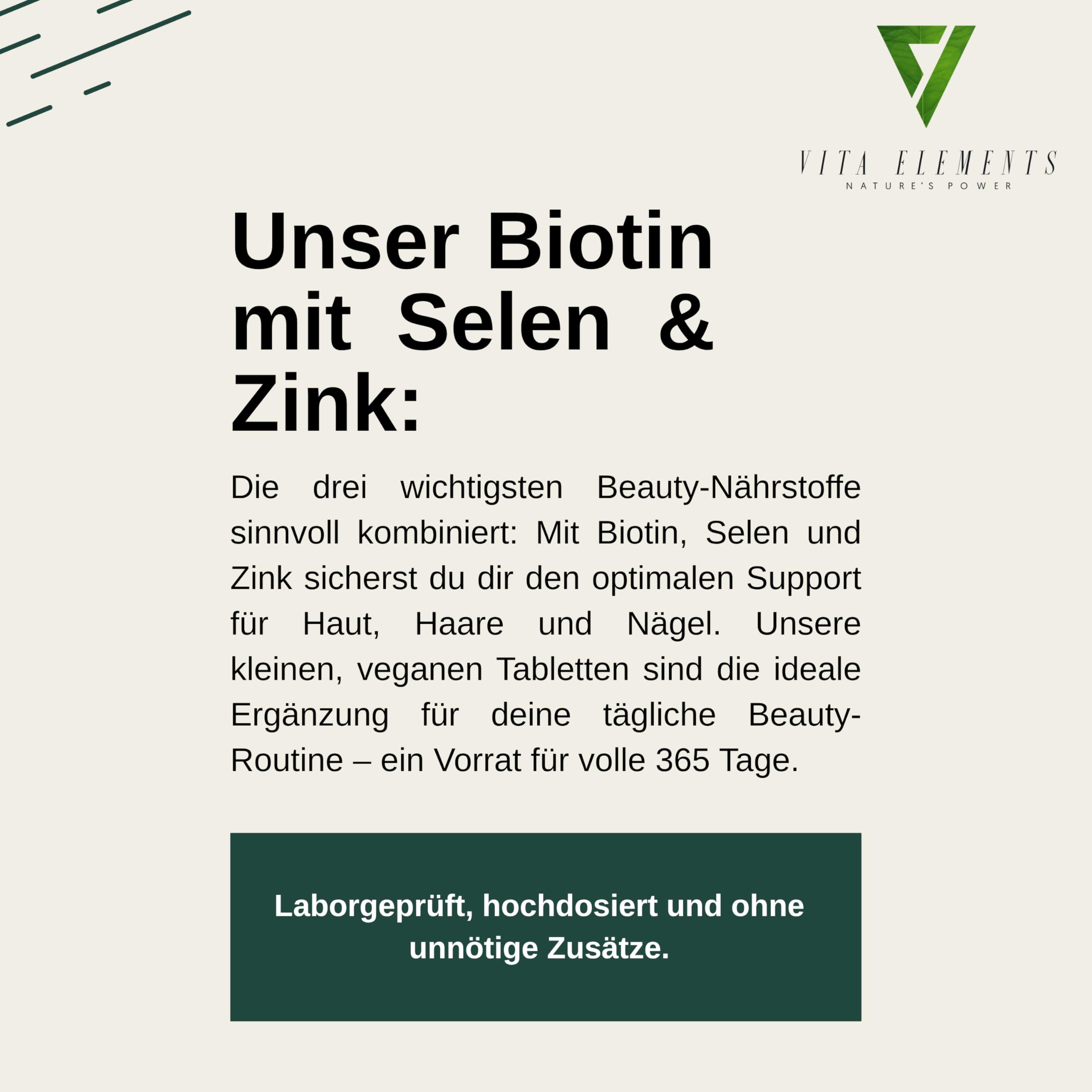 Vita Elements Biotin Selen Zink Komplex - 365 Vegane Tabletten - Jahresvorrat - Hochdosiert - Für Haut Haare Nägel - Laborgeprüft - Ohne Magnesiumstearat