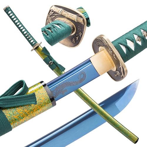Authentic Japanese Katana Sword Real Full Tang 1060 High Carbon Steel | Oil Quenched, Hand Forged Blade with Bohi, Wooden Saya, 41 in, Decoration, Display, Collection & Gift - Bamboo Theme