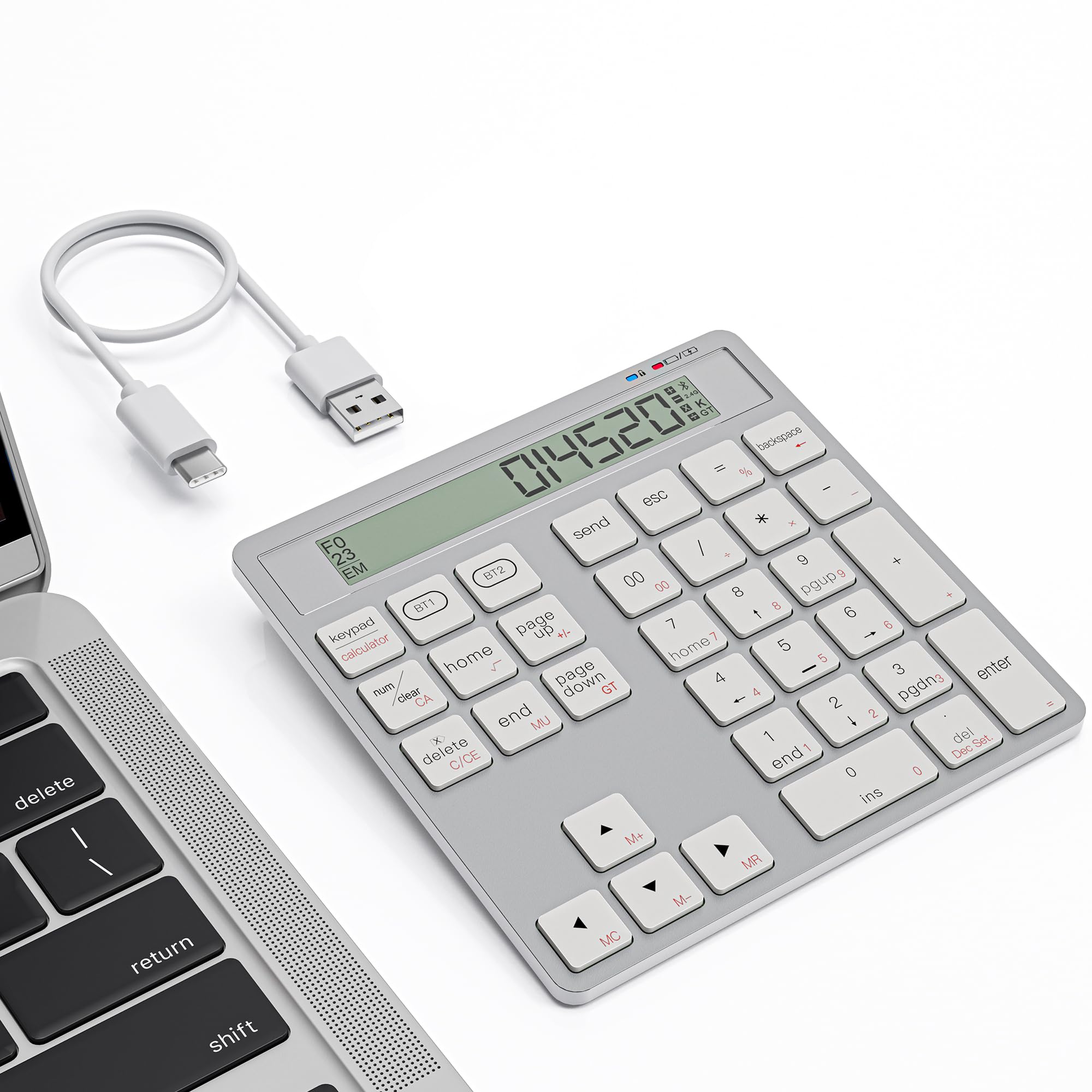 Tastierino numerico 2-in-1 ricaricabile con Bluetooth e USB, 34 tasti con display calcolatrice, sottile e portatile per PC/Mac/tablet, inserimento dati e contabilità rapidi