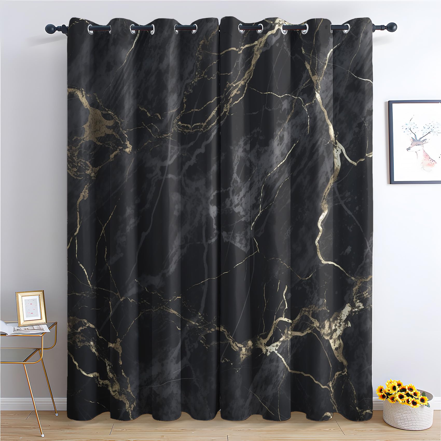 Marmor Vorhänge, Verdunklungsvorhänge mit Muster Schwarz Gold, Vorhang Blickdicht mit Ösen, Gardinen für Wohnzimmer Schlafzimmer Kinderzimmer Deko 2er Set - 220x140 (H X B) (Qm-&126)