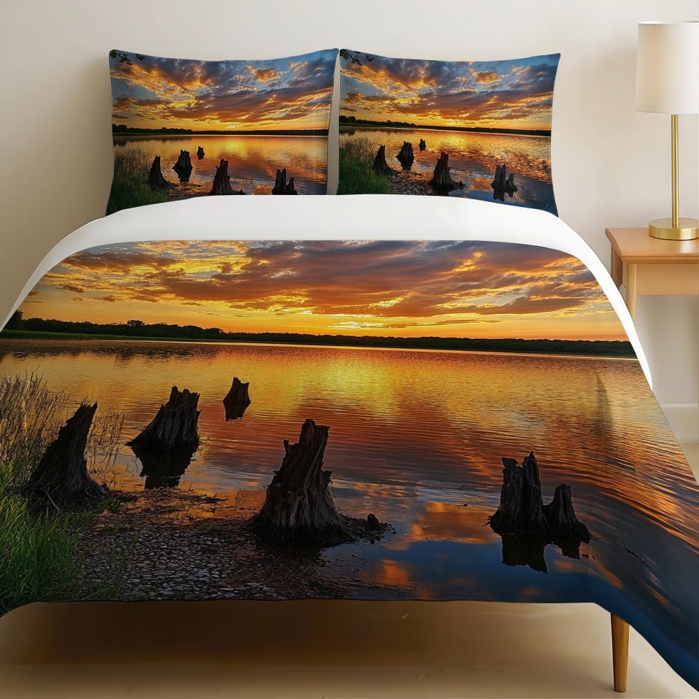 Parure de lit 2 personnes 240x260 cm coucher de soleil en microfibre orange