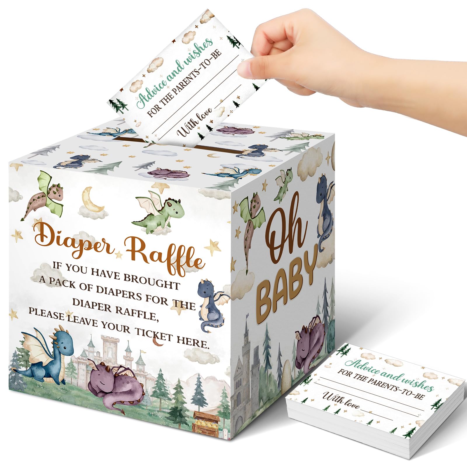 Teling 51 Pcs Diaper Raffle Tickets Box with Card, Dragon Baby Shower Decor