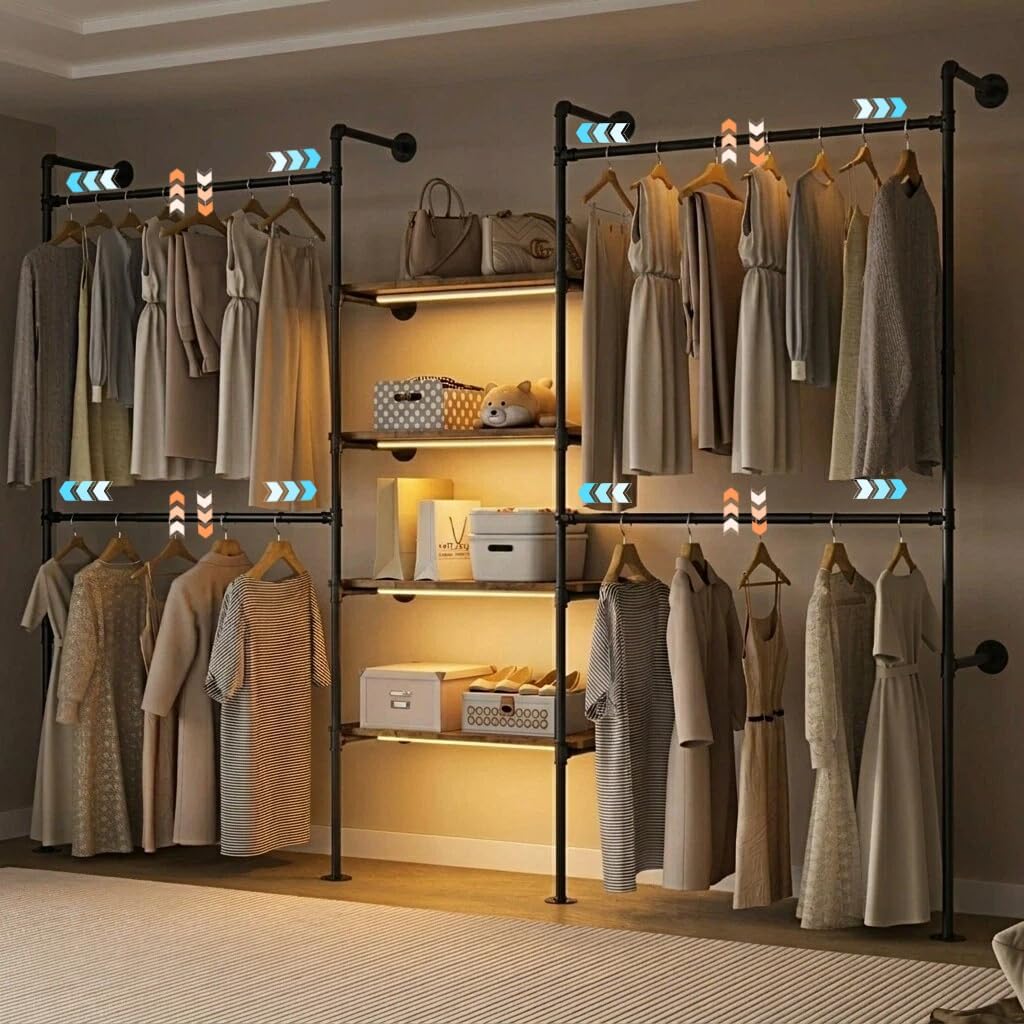 Industrial Pipe Clothes Racks with LED Lights, Heavy Duty Expandable Garment Rack with 4 Shelves & 4 Rods, Wall Mounted Closet Organizer for Bedroom, Laundry Room (Fits 72.8"-110.6") (Black)