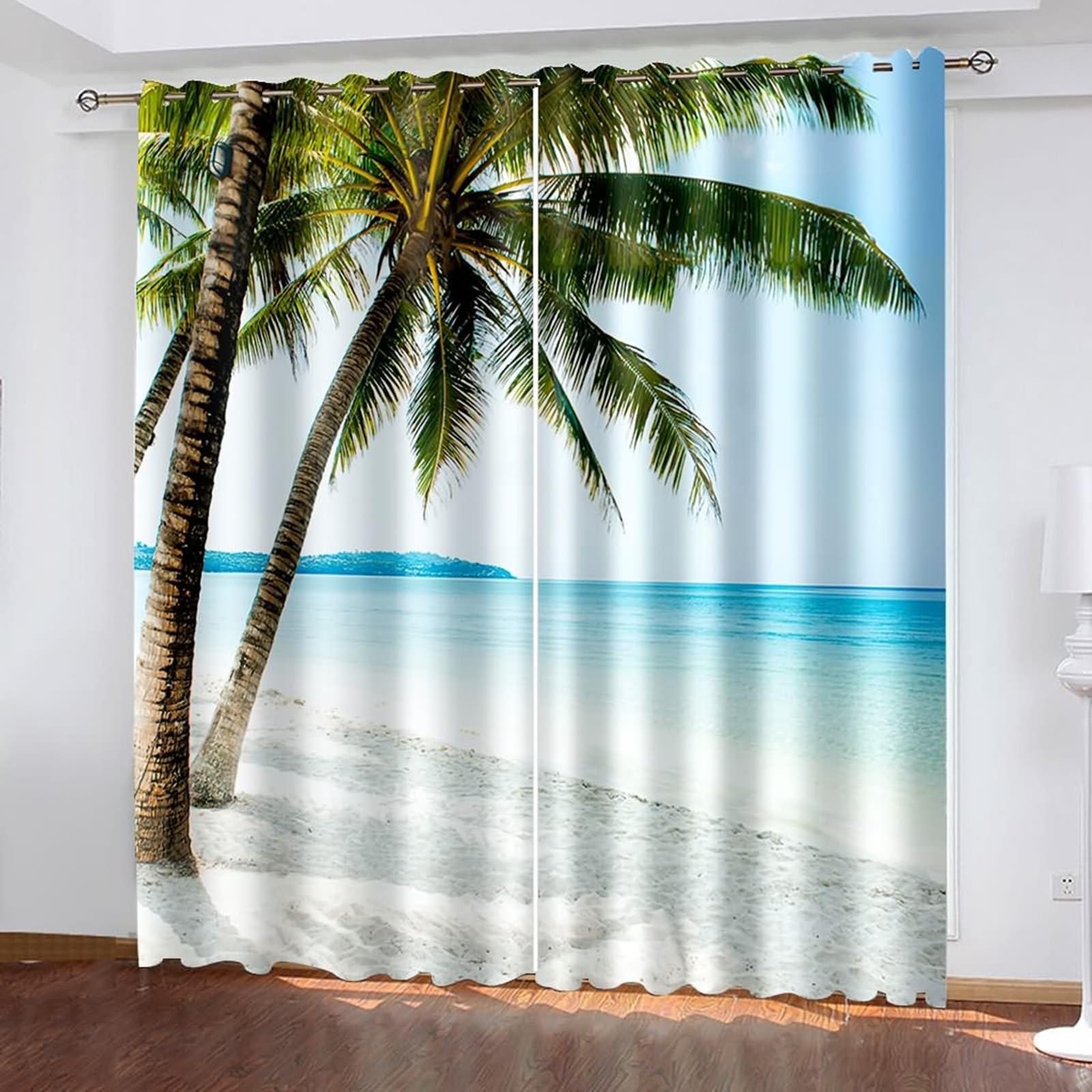 Vorhänge Lichtundurchlässig 138 cm Lang, Gardinen Lichtdicht mit Ösen 2er Set Blau Grün Braun Palmen Meer Landschaft Vorhang für Schlafzimmer Kinderzimmer Wohnzimmer, 86x138 cm(BxH)