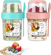 Set of 2 to Go Cups, Yogurt Cups for On the Go with Spoon, Yoghurt to Go Cups, Double Layer Leak-Proof Yoghurt Cups, Salad Cups, Cereal to Go Cups for Work, School, Travel (310 ml + 560 ml)