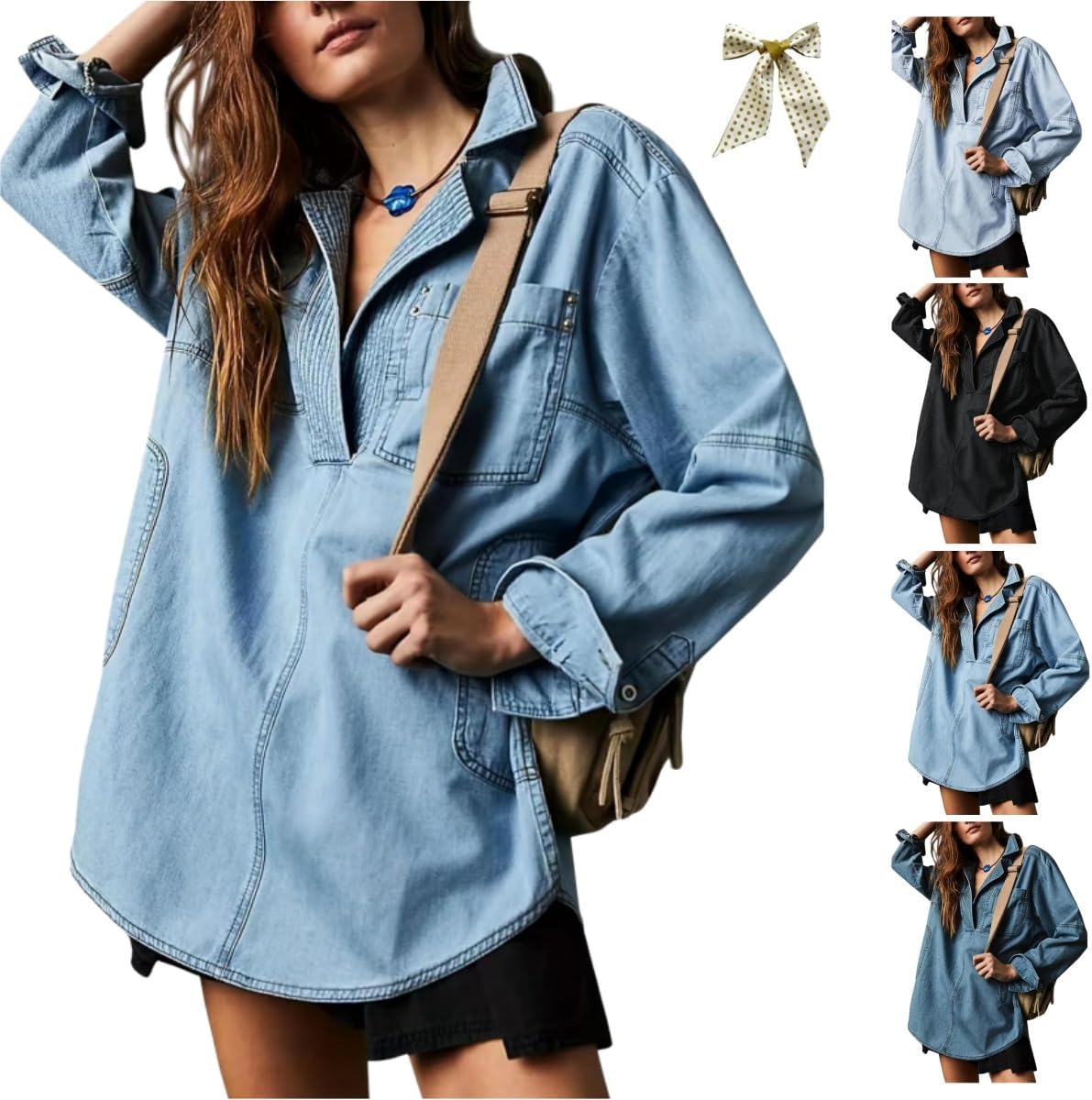 Women's Denim Pullover,Casual V Neck Long Sleeve Loose Fit Jean Jacket Blouse with Pocket,Lapel Comfy Oversized Denim Tops