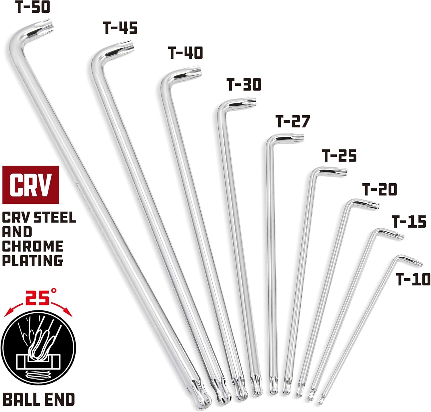 Powerbuilt 9 Piece Star Stubby Long Arm Ball End Hex Key Wrench Set, Allen Hex Key Wrench, Extra Long Arm, Ball End, size T10 to T50-240101
