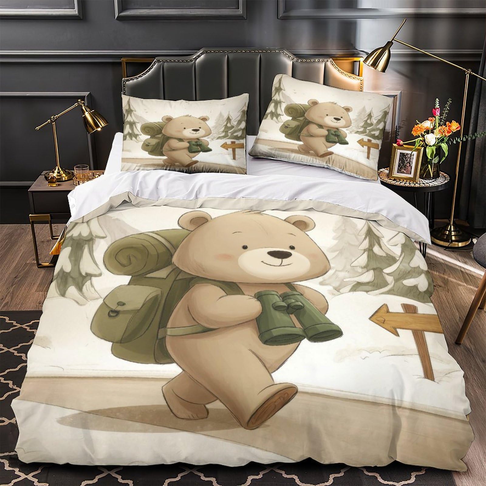 Parure de lit ourson 3D 200x200cm avec housse de couette en microfibre et fermeture éclair