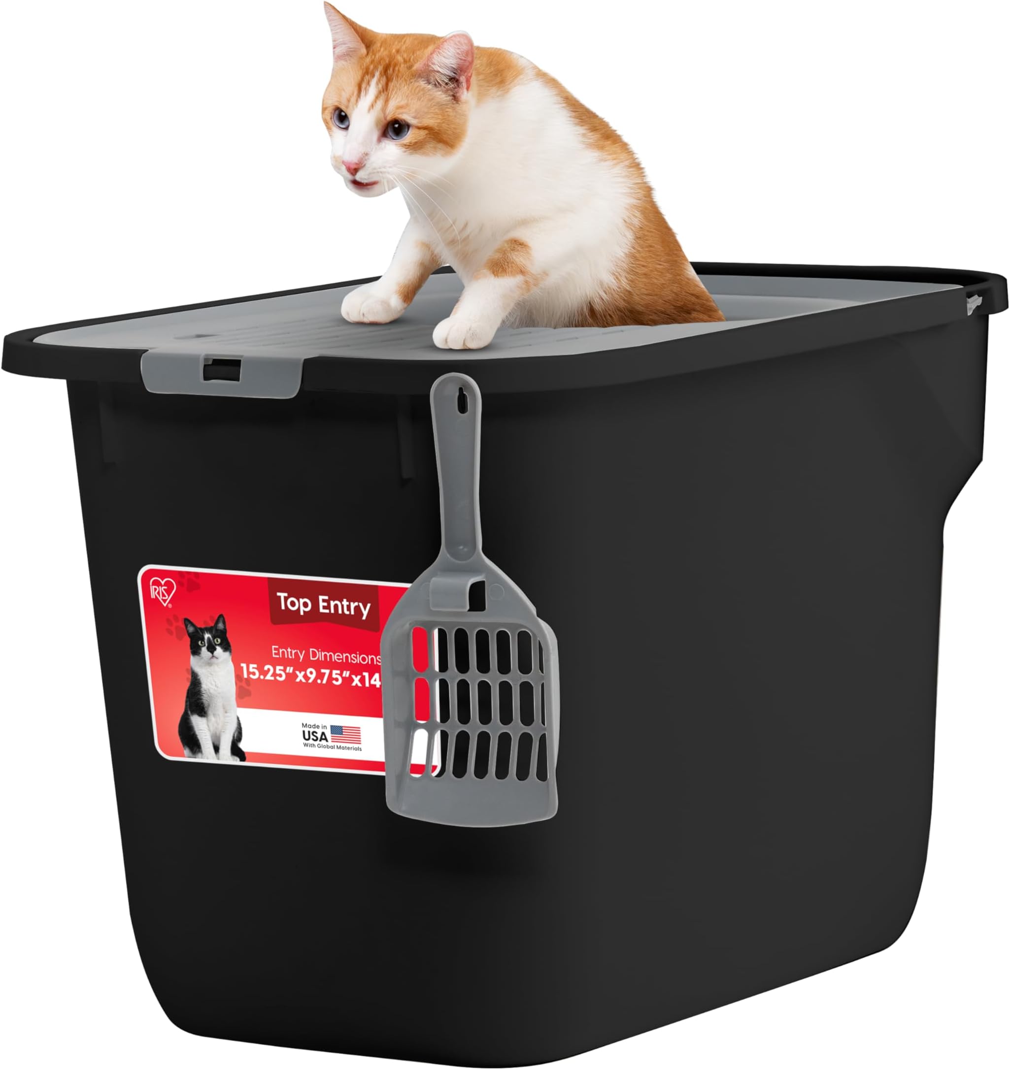 IRIS USA Cat Litter Box Large Top Entry with Lid, Enclosed Litter Box with Litter Catching Lid & Scoop, Covered Cat Litter Box Enclosure for Privacy, High Sided, Black/Gray