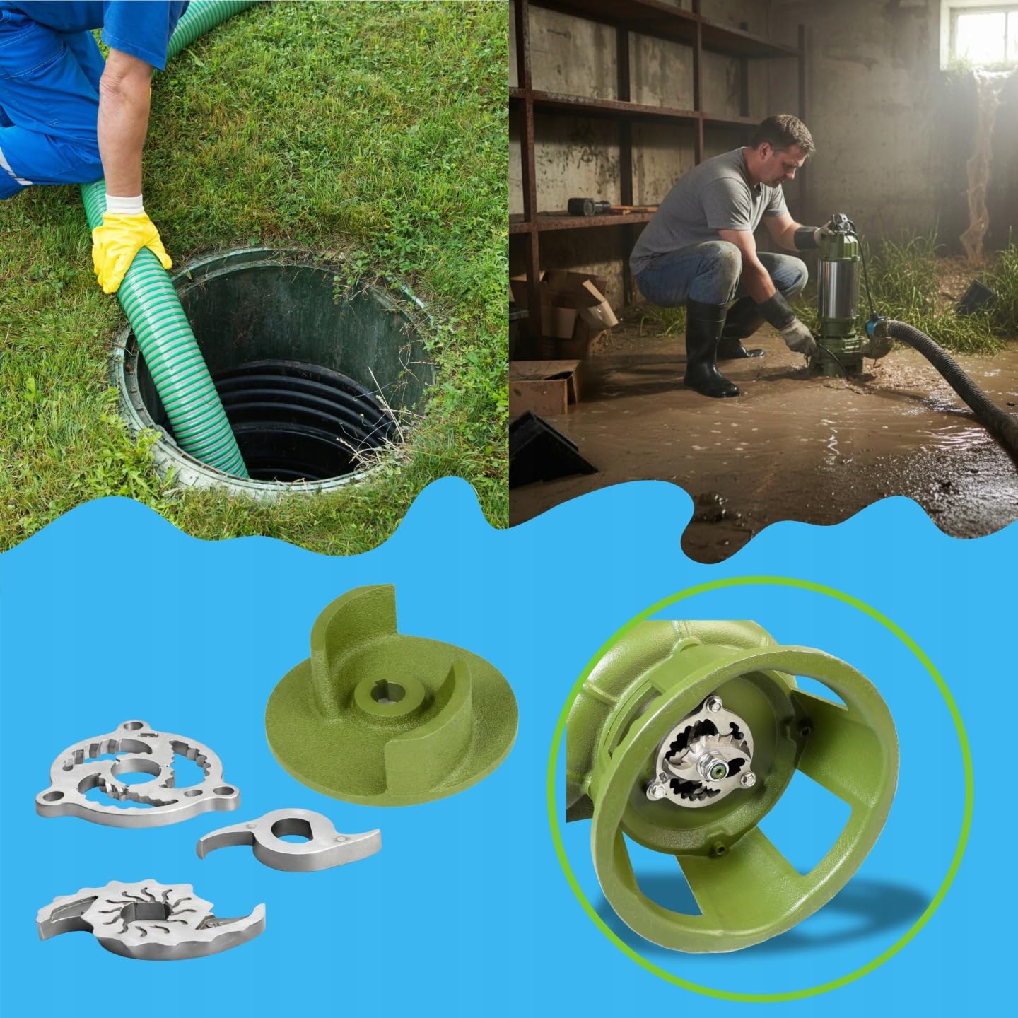 Schmutzwasserpumpe MORO 1100R mit Doppelschneidwerk (1100 W, 20.400 l/h, max. Förderhöhe 12 m) – Profi Tauchpumpe mit Zerkleinerer - Fäkalpumpe für Abwasser und Klärgruben - mit Schwimmerschalter