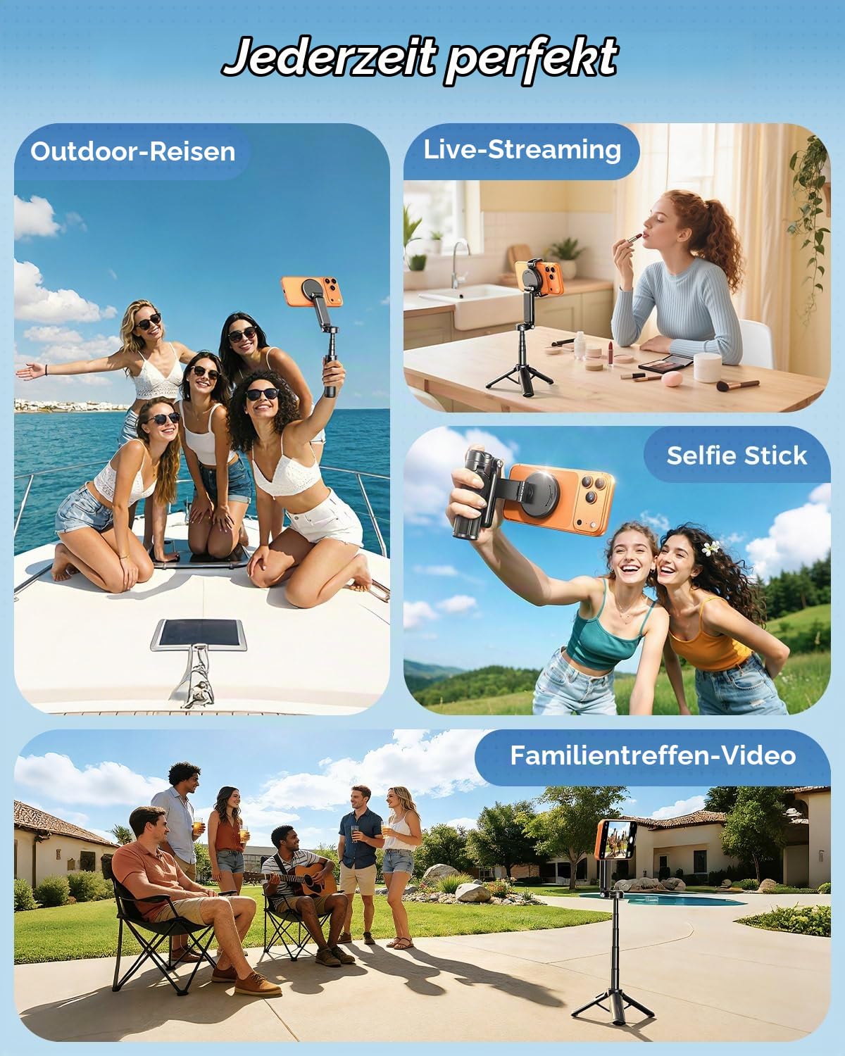 17 Zoll Handy Stativ Selfie Stick, 4,5 Zoll Taschenformat Bluetooth | 4-in-1 Design, Kabellose Fernbedienung, 360° drehbar, Kompatibel mit MagSafe, Abnehmbare Klemme, Für iPhone Android