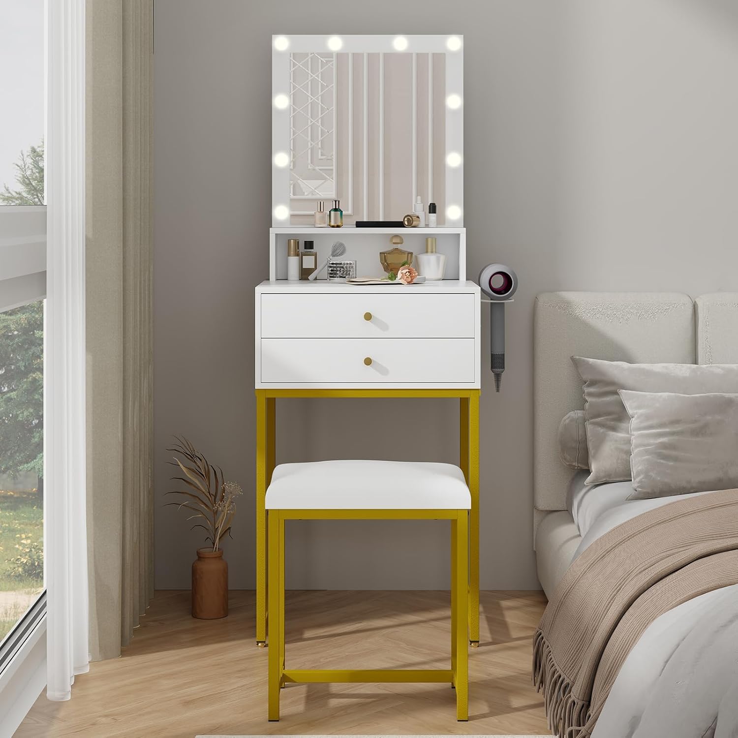YU YUSING Toeletta Trucco con 10 Luci LED, 3 Colori, Tavolo da Trucco con Specchio e Sgabello, 2 Cassetti e 1 Ripiani Aperto, Supporto per Asciugacapelli, Postazione per Camera da Letto Soggiorno, Oro