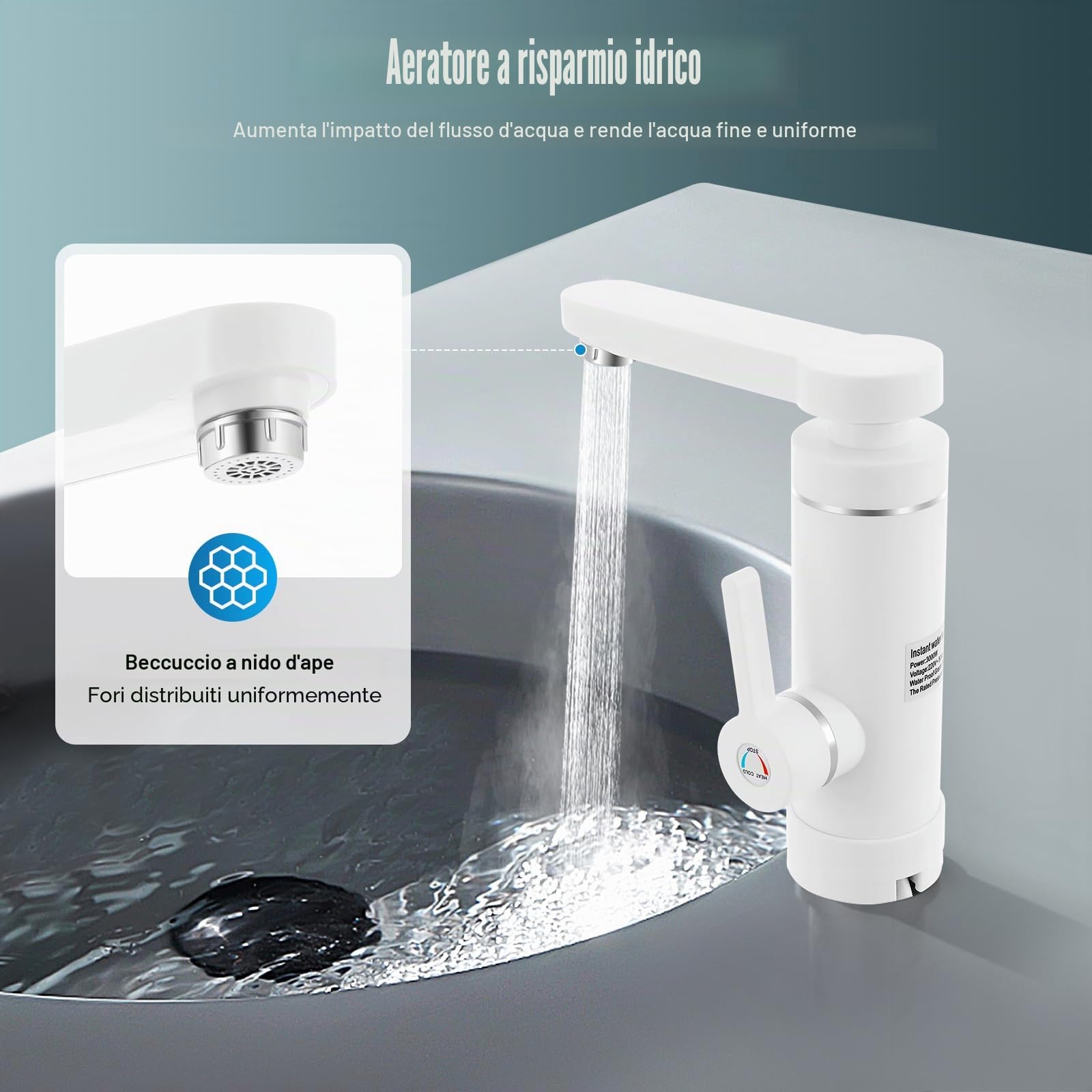 MINRS Rubinetto con scaldabagno istantaneo Rubinetto elettrico con indicatore di temperatura a LED, 3 secondi, riscaldamento rapido elettrico per casa, hotel, ristorante e altri luoghi