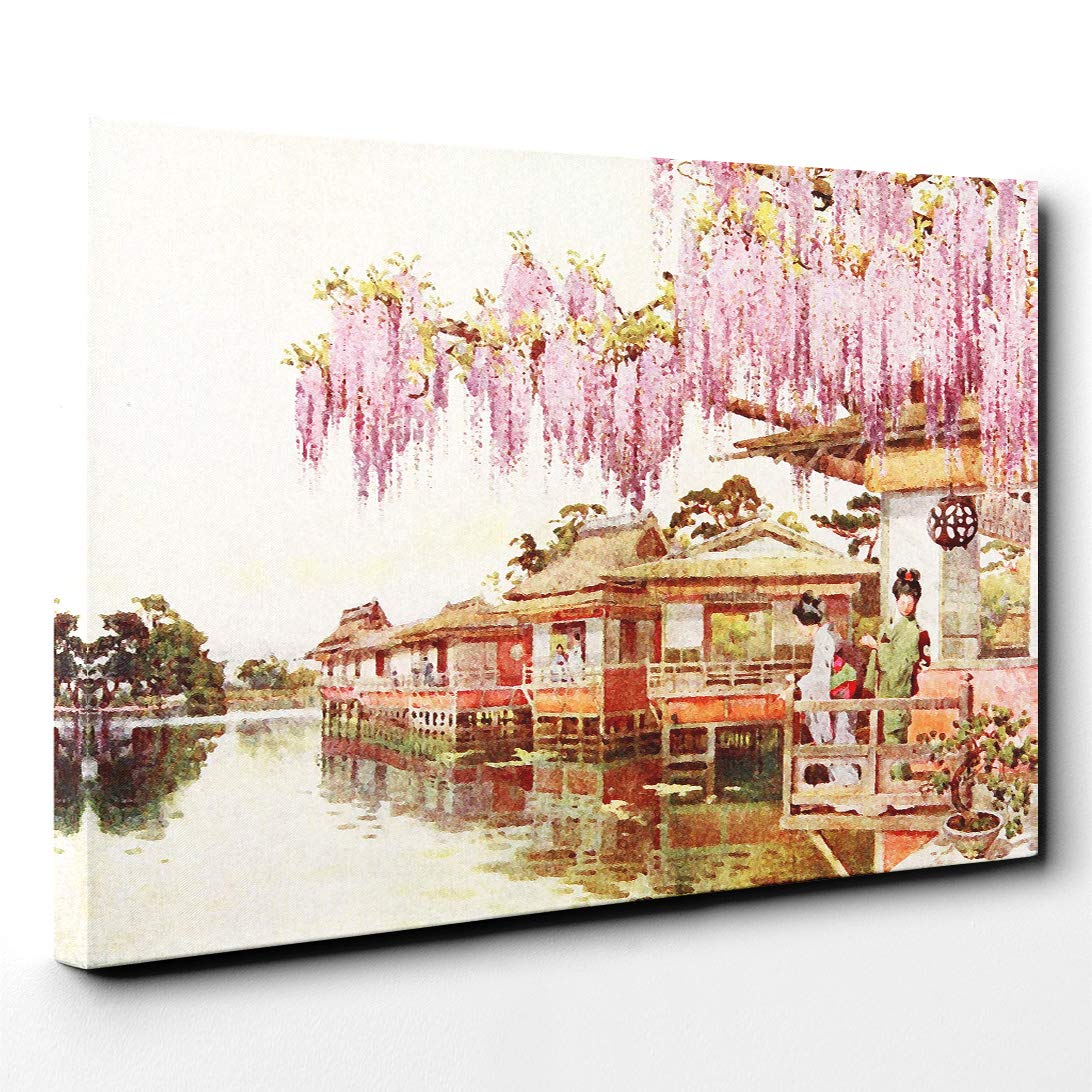 Ella Du Cane Japanese Oriental Wisteria, Nagaoka Canvas Print | Gallery Wrapped 30mm Frame Wall Art | 30x20 inches | Ready to Hang | Asian Picture | Living Room Bedroom Lounge Office