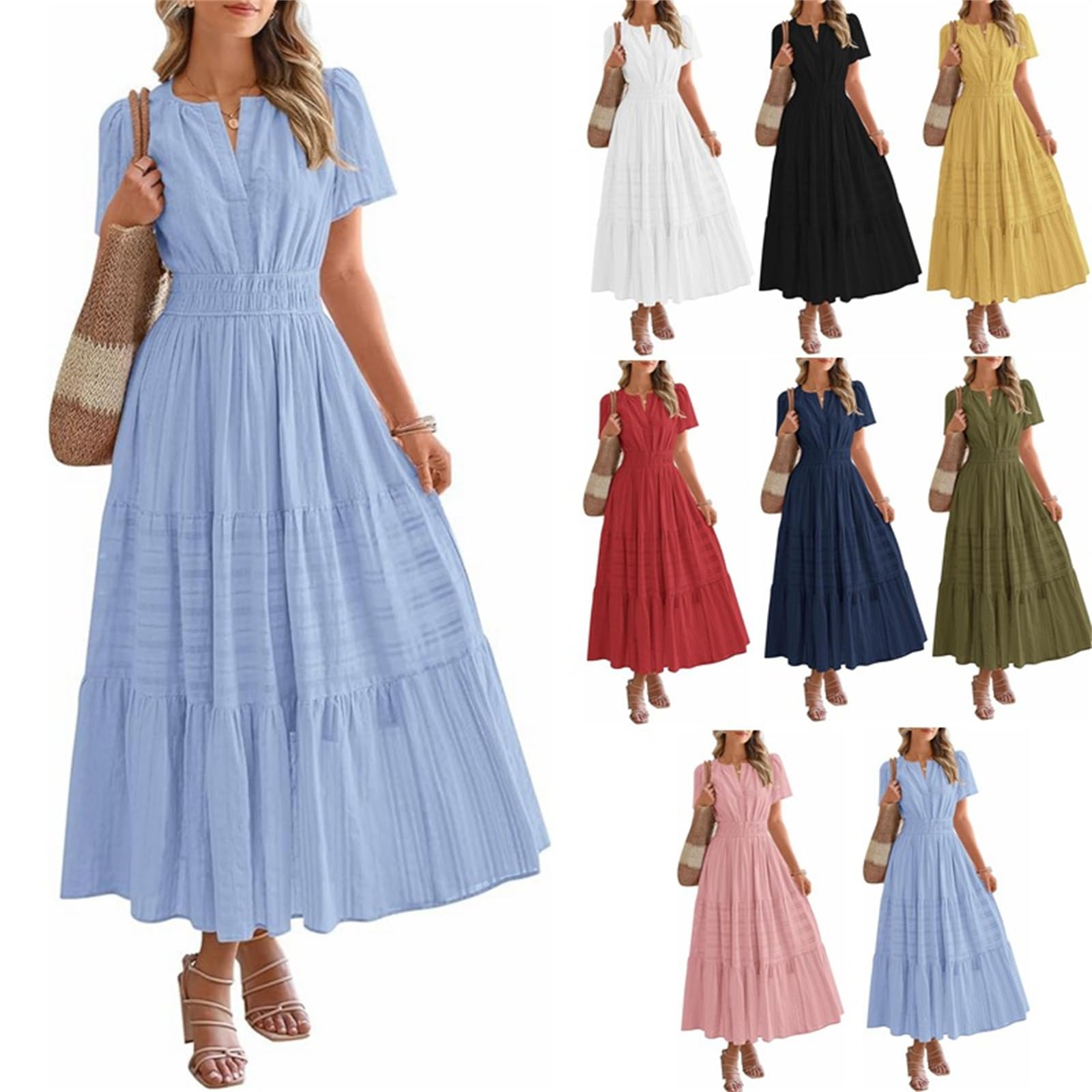 Vestido Largo Maxi de Verano para Mujer 2026 con Cuello en V, Manga Corta, Fruncido, Volantes escalonados y caída fluida. Ideal para Fiestas en la Playa.