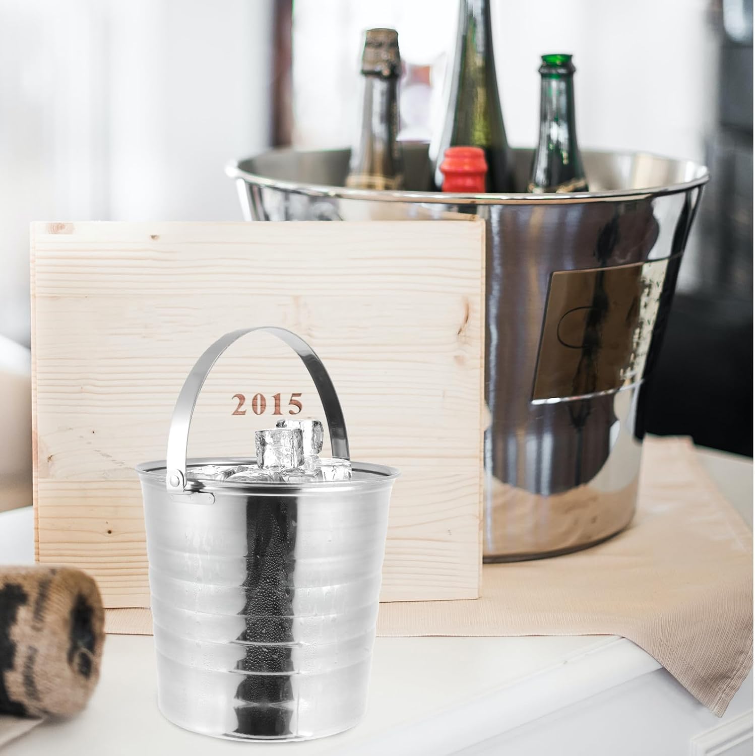 LIFKOME Stainless Steel Ice Bucket with Tongs Double-Wall Insulated Red Wine and Sparkling Wine Cooler for Parties and Bars Ice Cube Storage Bucket
