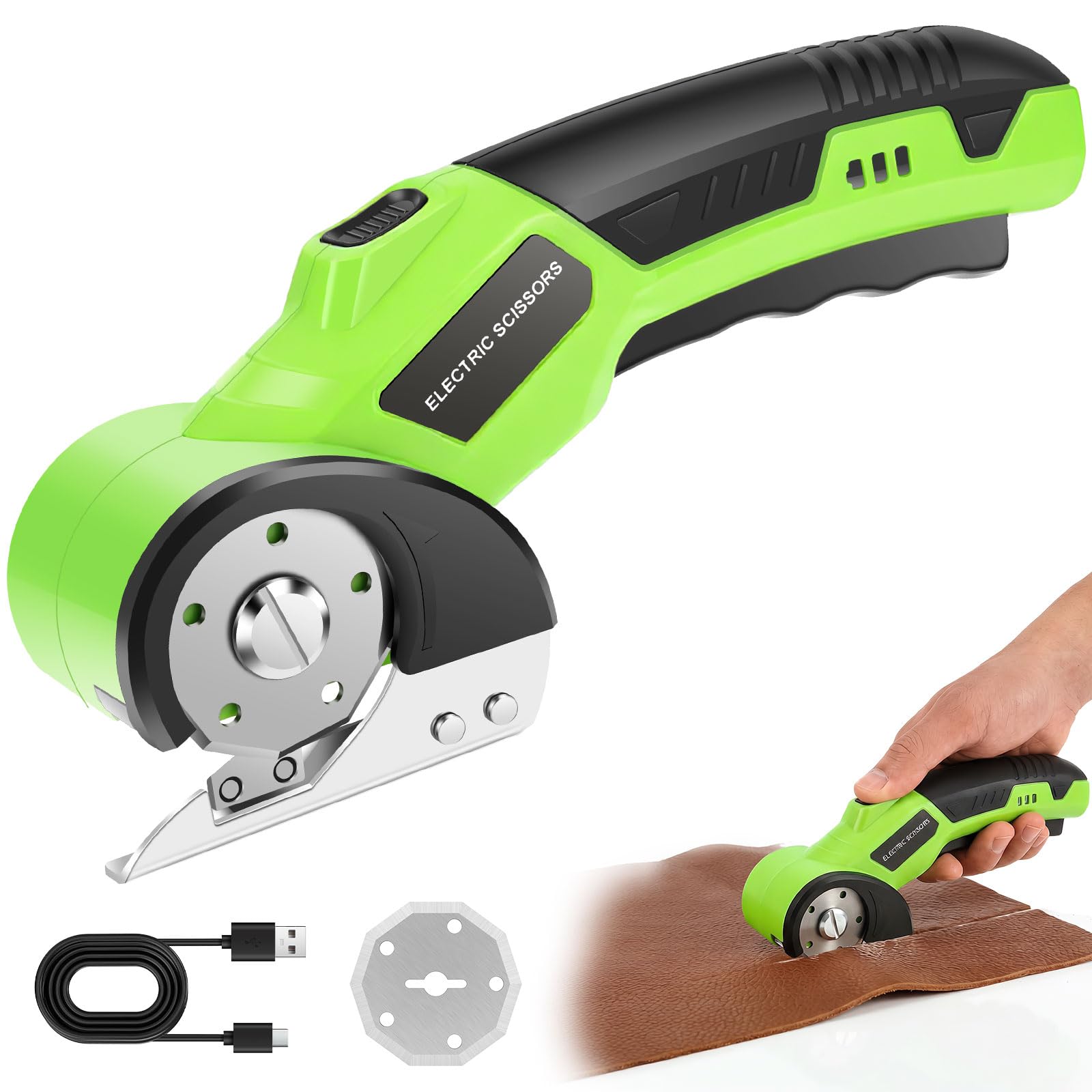 Rechargeable Cardboard Cutter, Cordless Electric Scissors, 4.2V Electric Box Cutter for Cardboard, Safety Lock and LED Light, Powerful Cutting for Carton Carpet Plastic Fabric Leather (Green+1 Blade)