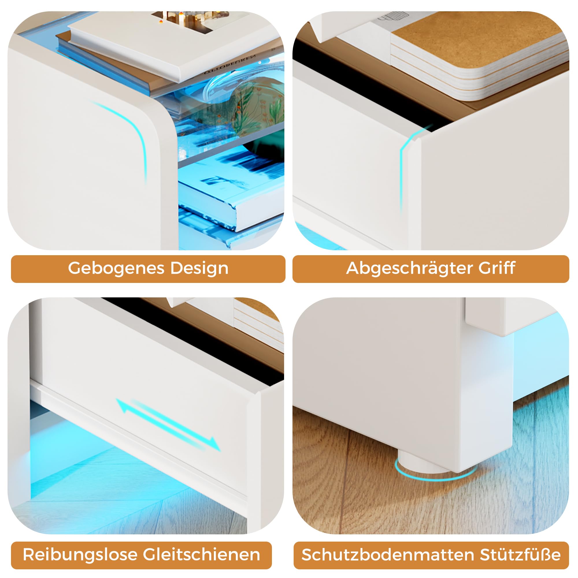 ANWBROAD Nachttisch 2er Set,Nachttisch mit Ladefunktion und LED-Licht, Glasplatte, Nachtschrank mit 2 Schubladen und 1 Offenes Fach, Beistelltisch mit Steckdose und USB-Anschlüssen, Weiß BNS001W