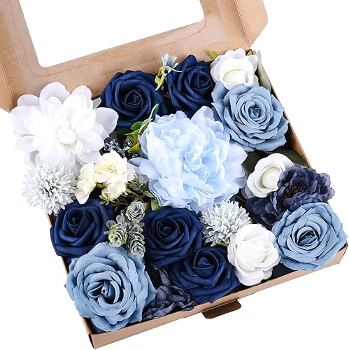 Miniatura 7 de Jspupifip Juego de cajas combinadas de flores artificiales, ramos de arreglos de flores de seda falsas con hojas de tallo para bricolaje, boda,