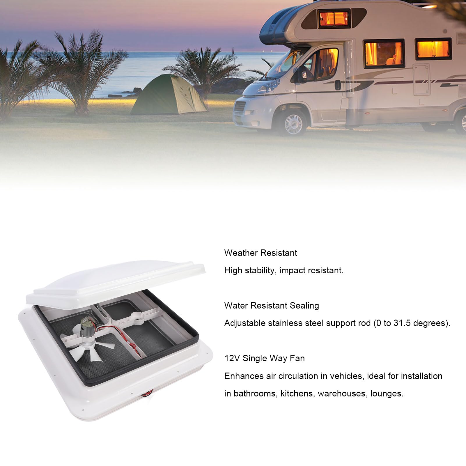 Luocute 340 X 340 Mm Wohnmobil-Dachlüfter, Weißer 12-V-Abluftventilator für Wohnmobilanhänger, ABS-Material, Wasserdicht, Einweg-Lüfter mit Maschensieb