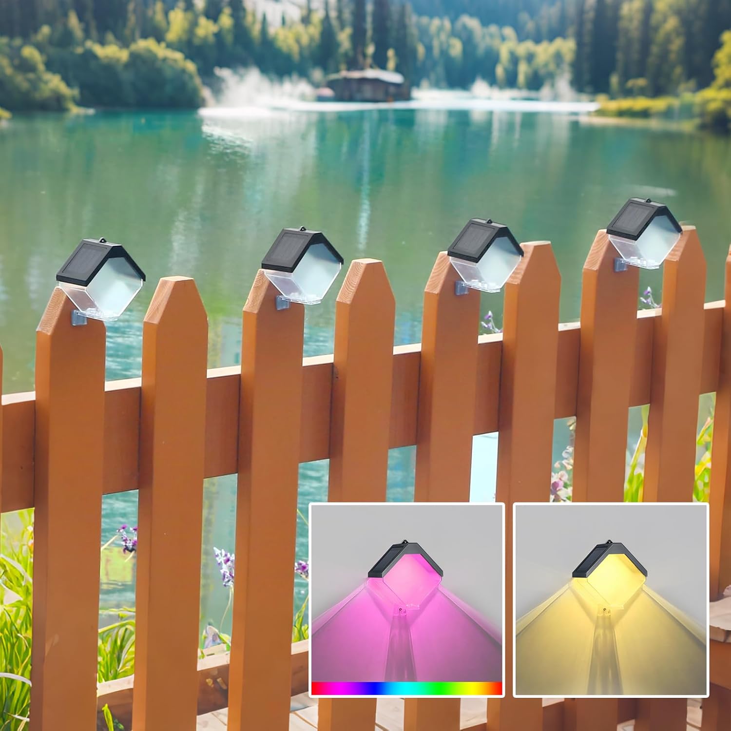 Hanging Solar Fence Lights Outdoor, Solar Deck Railing Lights Outdoor Waterproof, Color Changing & Warm White Light for Yard Deck Wall Tree (4pc)