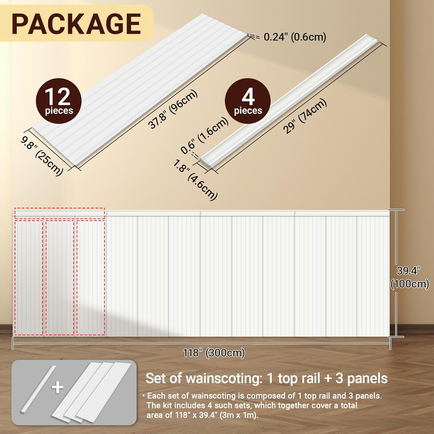 Premade Board-and-Batten Wainscoting Kit - Ready to Assemble Cover 118" x 39.4", Paintable Panel Molding Trim Slats for Accent Wall