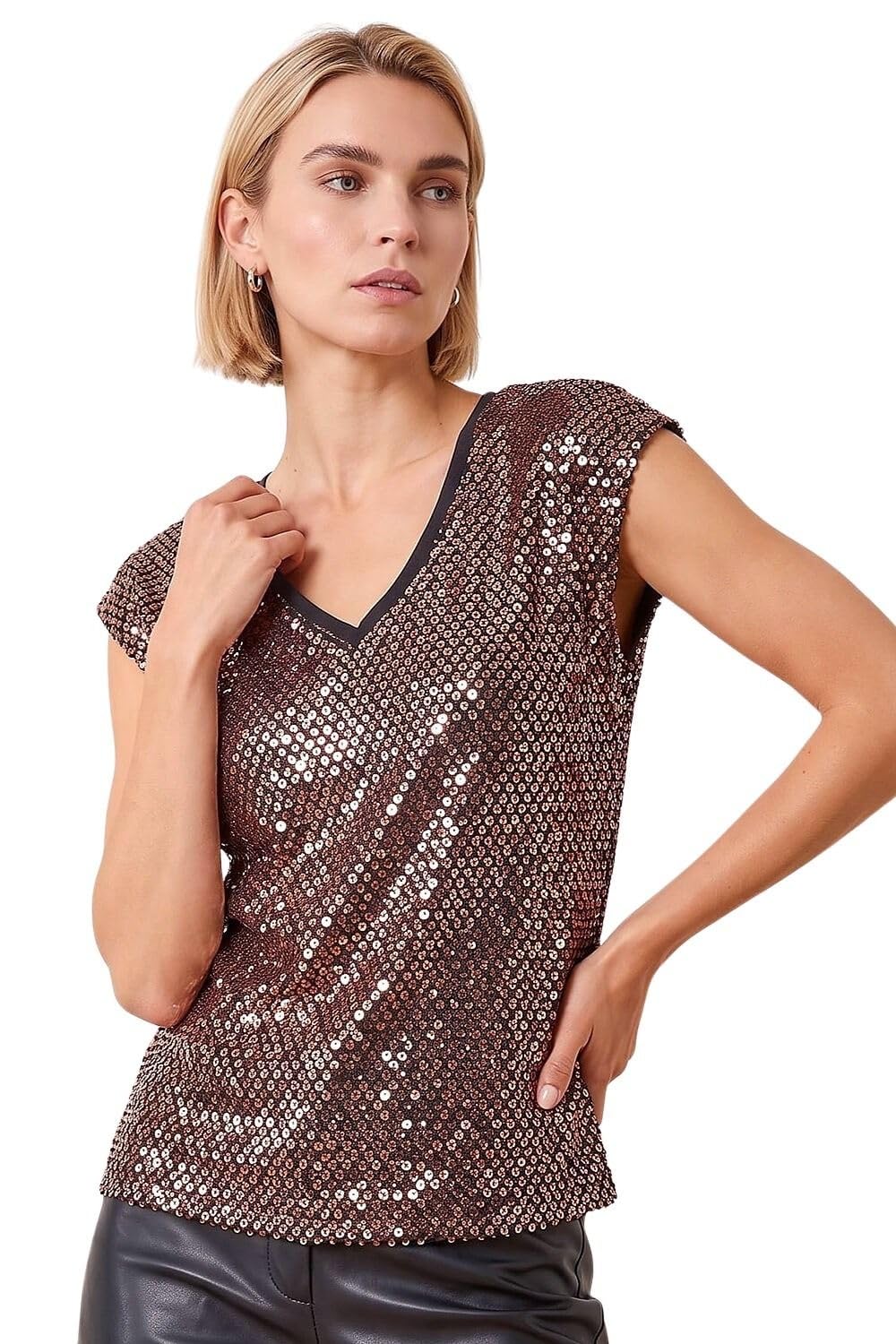 Roman Originals Sequin V-Neck Stretch Top for Women UK - Ladies Everyday Autumn Winter V-Neckline Comfy Soft Evening Vacation Work Party Night Out