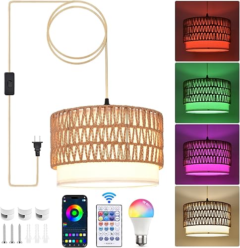 Miniatura 9 de Lámpara Colgante con Enchufe, Luz Colgante de 15 Pies con Cable de Enchufe, Luz Colgante con Bombilla y Control Remoto, Lámparas Colgantes con
