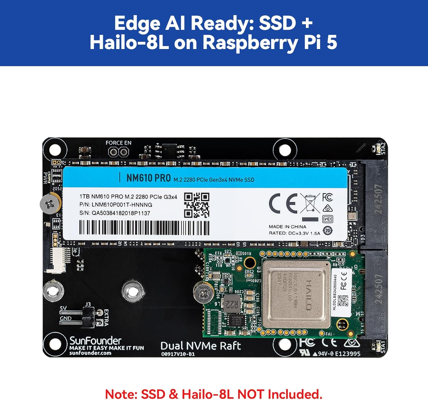 SunFounder Dual NVMe Raft for Raspberry Pi 5 PCIe Gen 2.0 to M.2 HAT Key-M SSD Hailo-8L AI Accelerator PIP M.2 2230/2242/2260/2280, NAS RAID 0/1, Manual (Not Compatible with The Pironman Series)