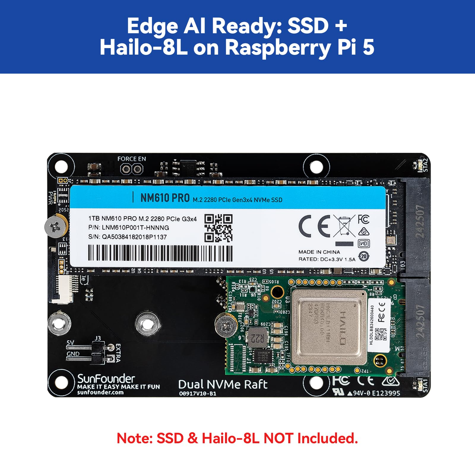 SUNFOUNDER Dual NVMe Raft pour Raspberry Pi 5 PCIe Gen 2.0 vers M.2 HAT Key-M SSD Hailo-8L AI Accelerator PIP M.2 2230/2242/2260/2280 NAS RAID 0/1, indicateurs LED, manuel