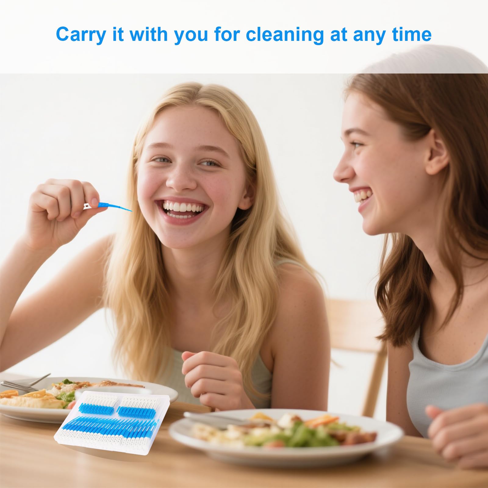 Palillos dentales para limpieza de dientes, 300 palillos de dientes de doble uso, 144 cepillos interdentales desechables en ángulo, color azul