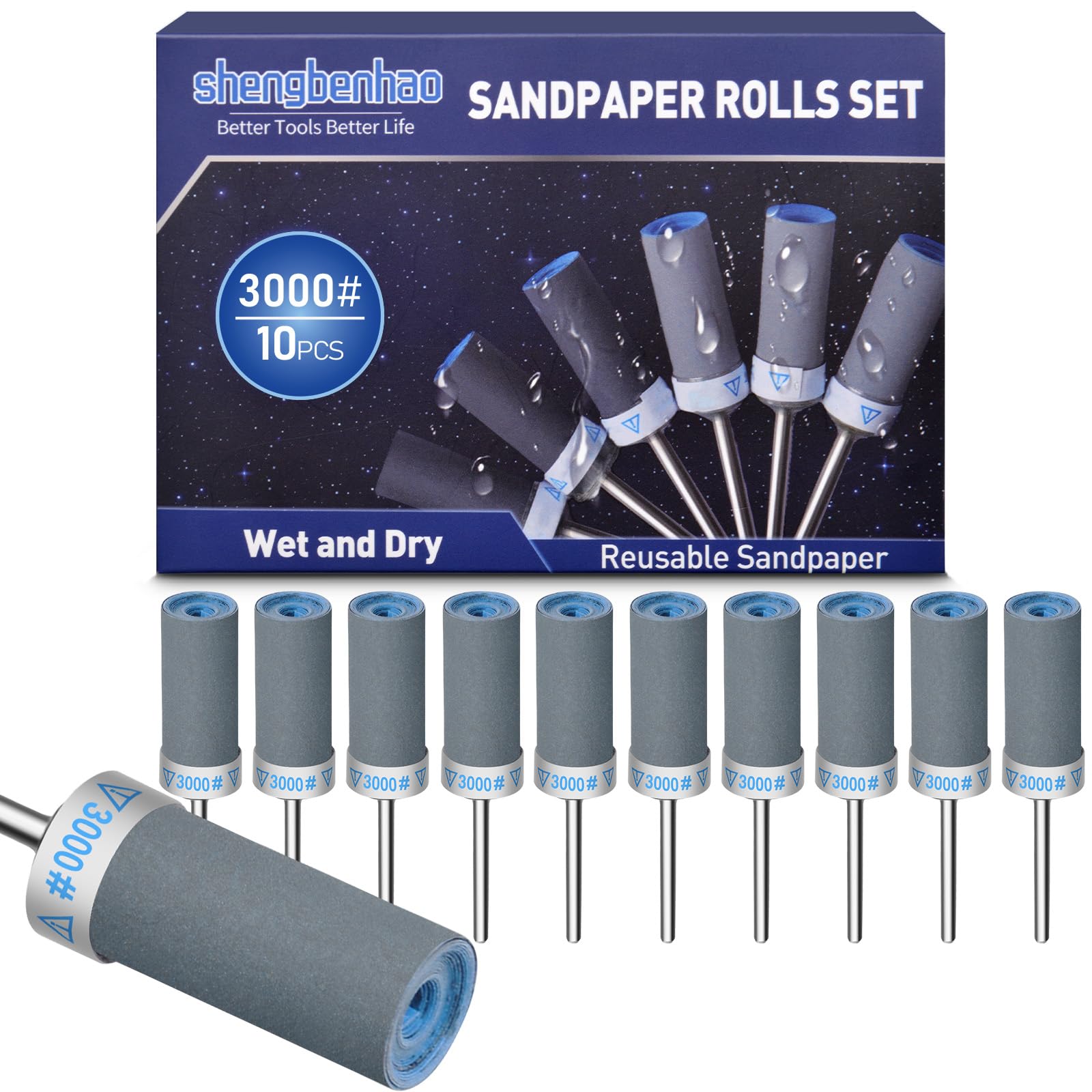 shengbenhao 10PCS 3000 Grit Sanding Drums Sandpaper Sticks Set Compatible with Dremel Rotary Tool Accessories with 1/8 inch Shank for Metal Rust Removal/Jade Polishing/Stone Grinding/Sanding