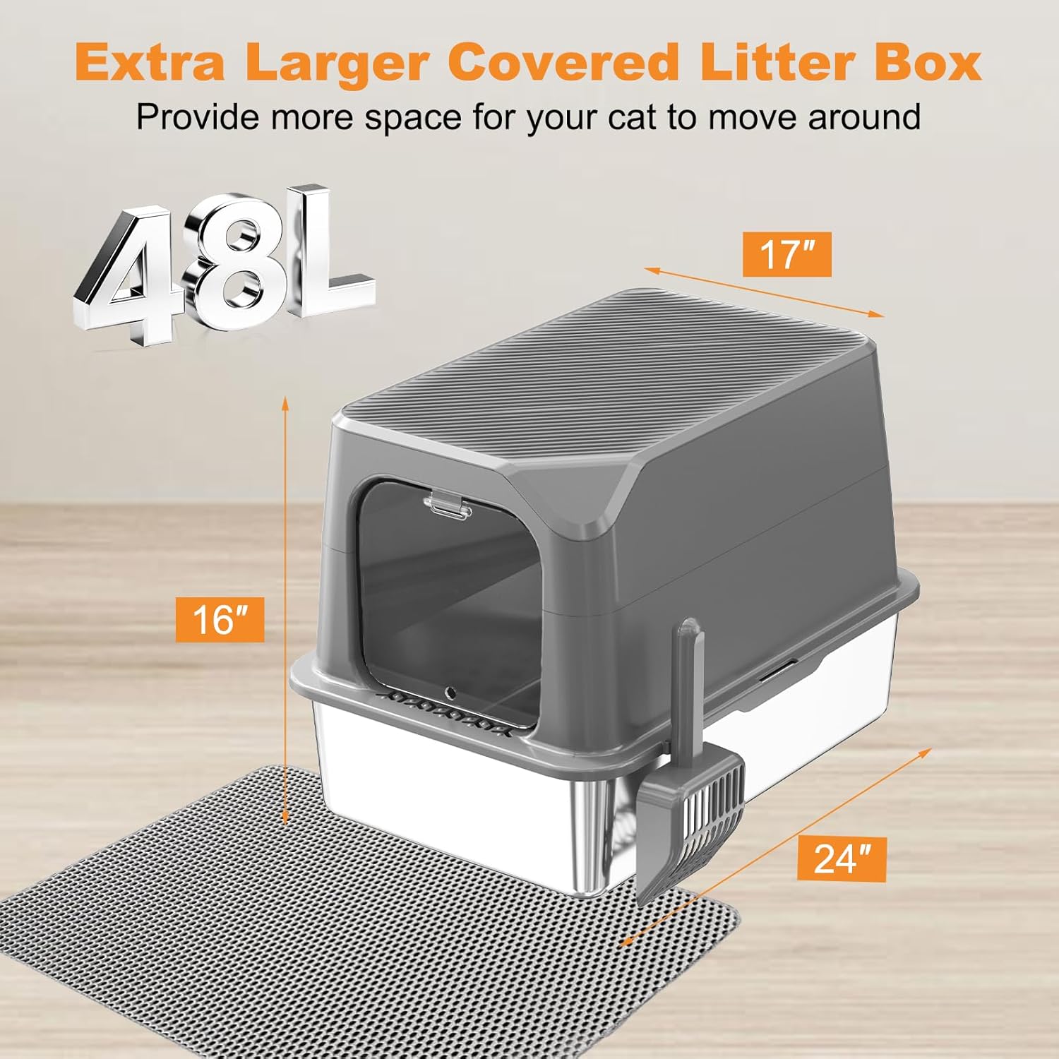 Extra Large Stainless Steel Cat Litter Box with Lid - Enclosed Metal Litter Box XXL for Cats, Front Entry High Side Kitty Litterbox with Scoop & Mat,Anti Leakage, No Sticky, 24" x 16" x 17"