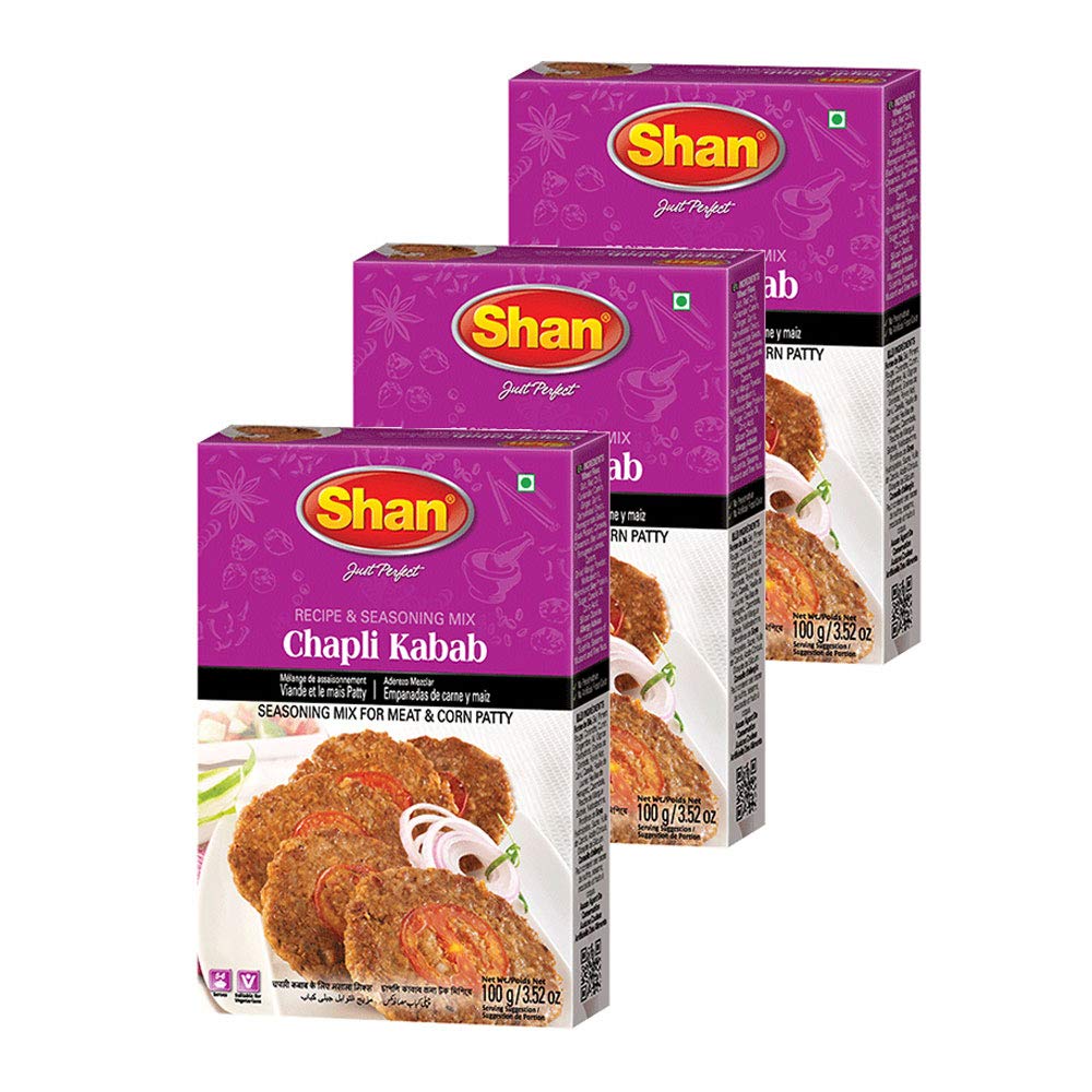 Shan Chapli Kabab Recipe and Seasoning Mix 3.52 oz (100g) - Spice Powder for Traditional Meat & Corn Patty - Suitable for Vegetarians - Airtight Bag in a Box (Pack of 3)