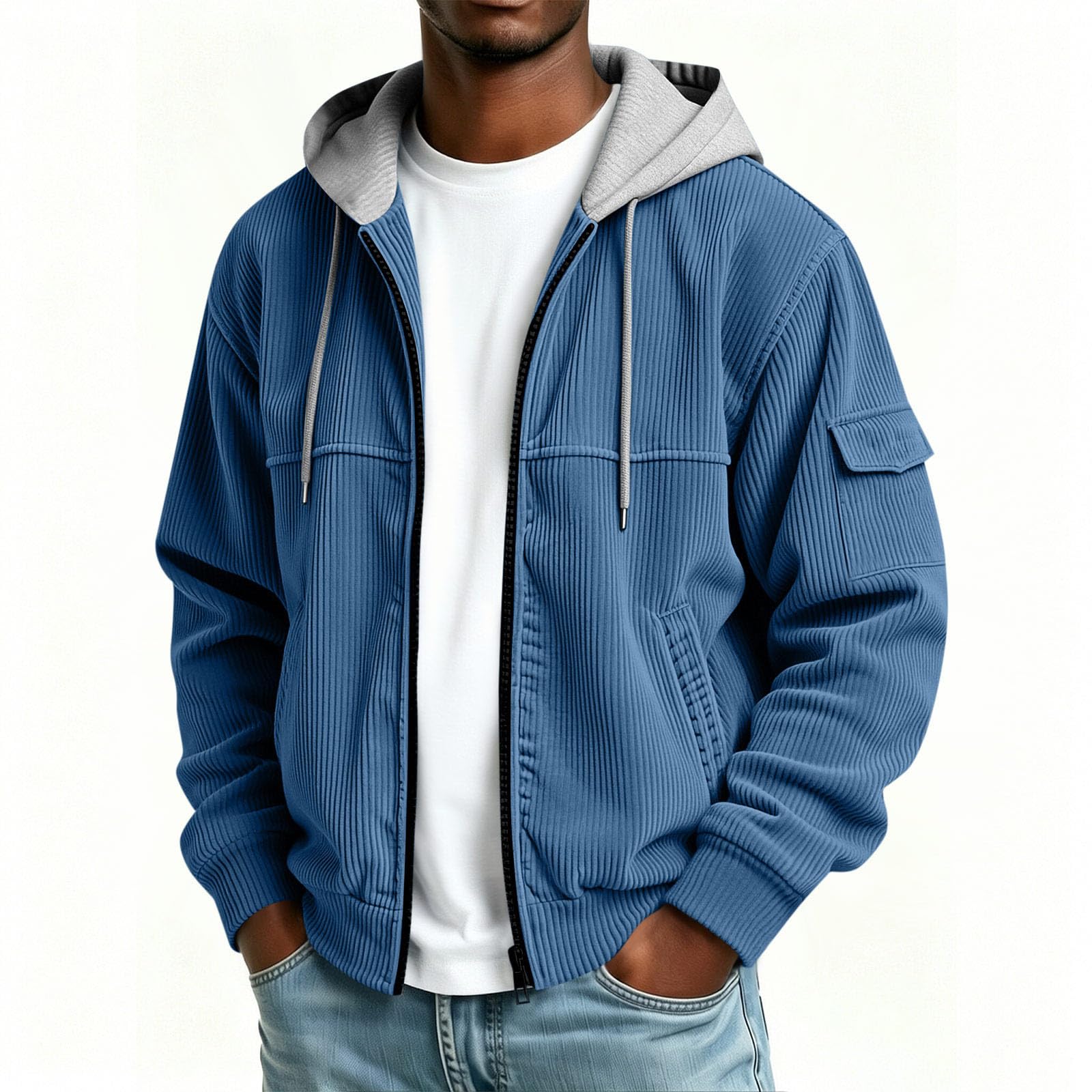 Felpa Uomo Cappuccio Velluto a Coste Felpa Uomo Con Zip e Tasche Casual | Velluto a coste morbido, cappuccio regolabile, chiusura full zip, con tasche leggera, felpa da lavoro uomo
