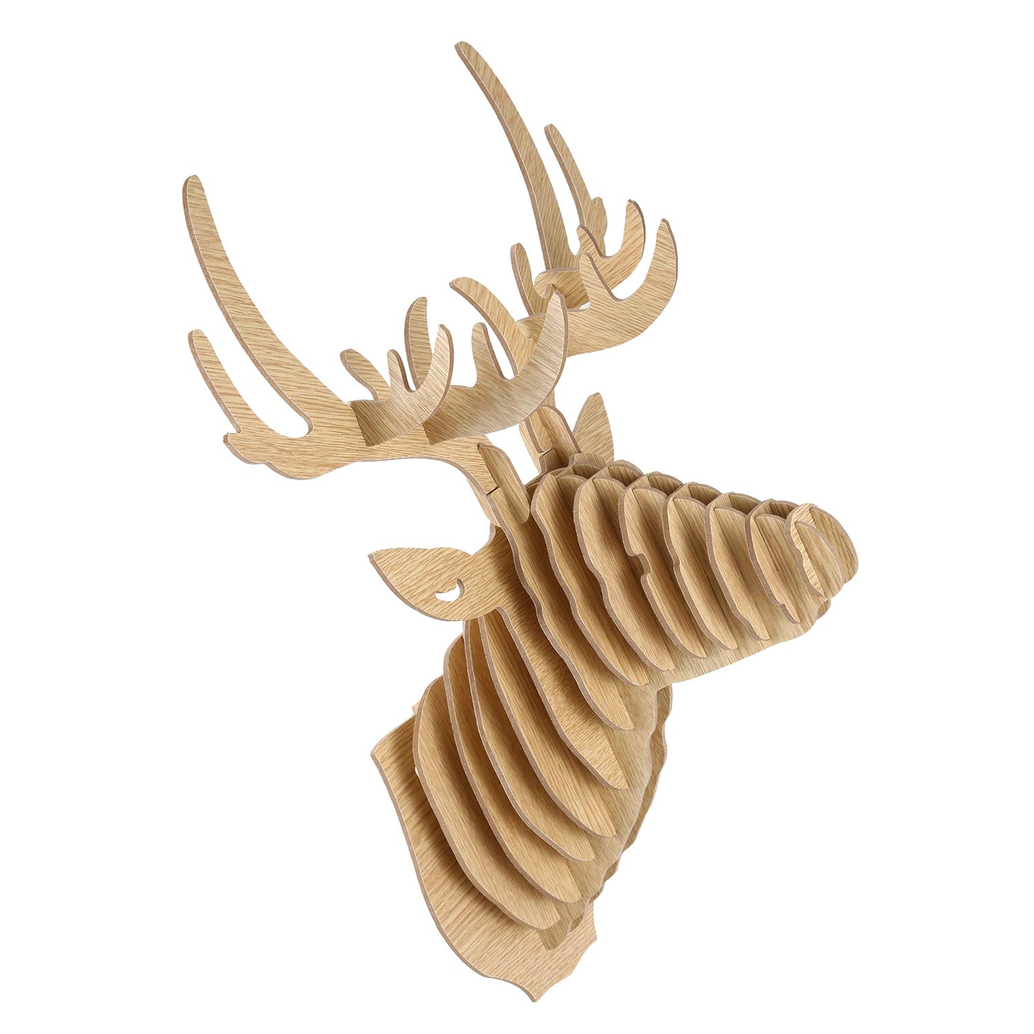 Lobamop Tête de cerf en bois sculptée 3D - Décorative et collier - Beige
