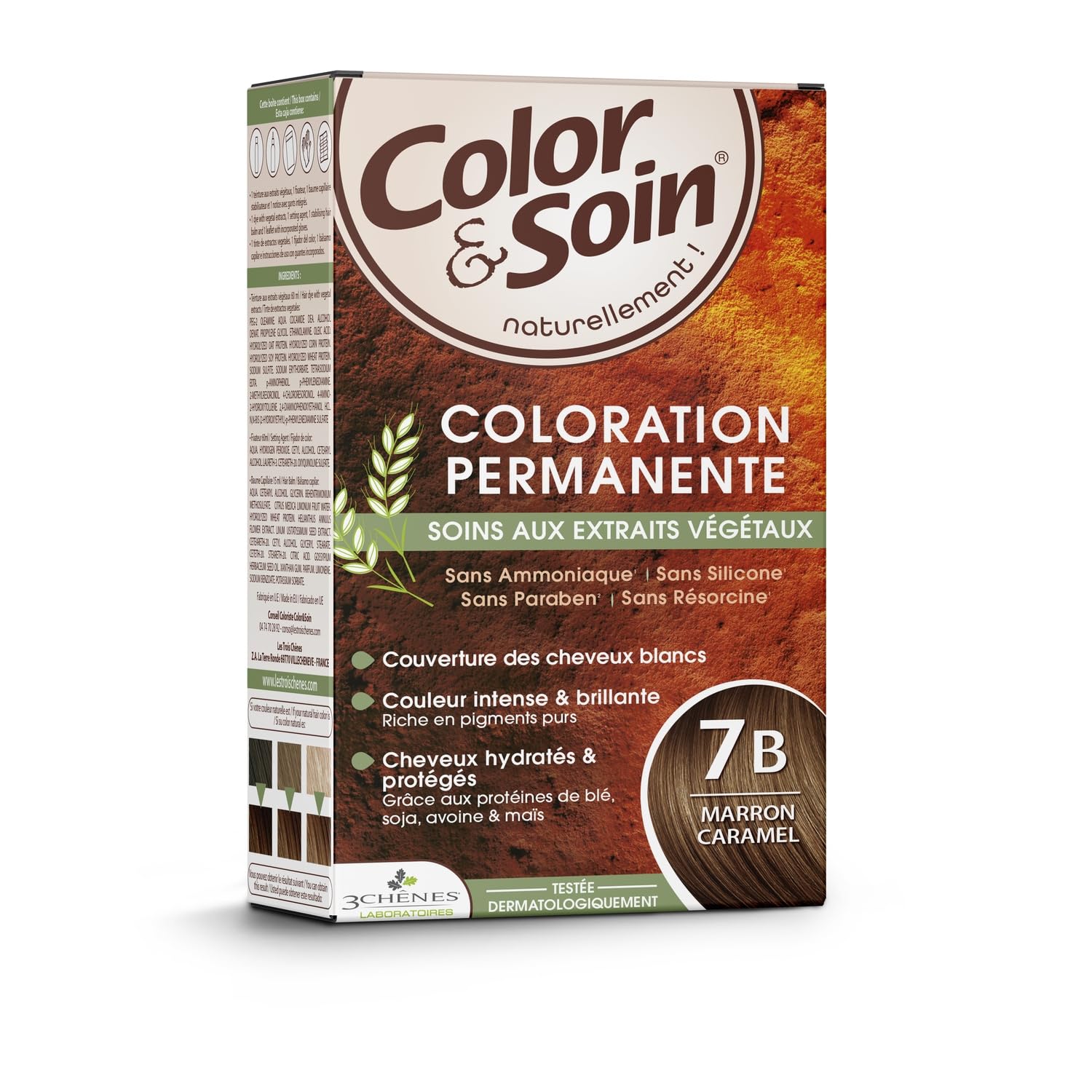 3 CHENES Coloration Permanente 7B Marron Caramel Sans Ammoniaque - Kit Complet Color & Soin - 180 g - Teinture Végétale pour Cheveux avec Baume Capillaire et Gants - Lot de 2
