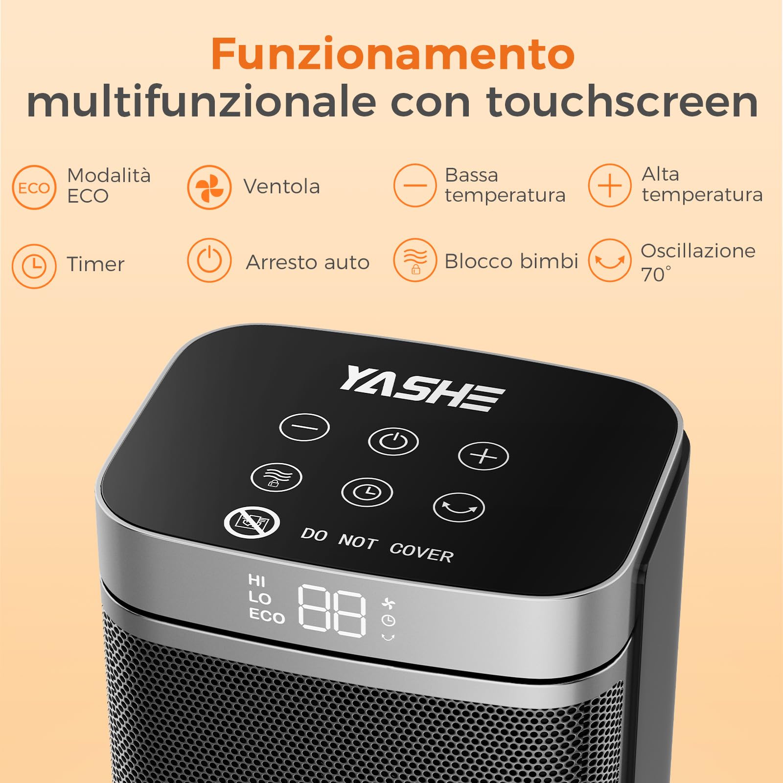 YASHE Termoventilatore a risparmio energetico 1500W in ceramica PTC, oscillante a 70°, con termostato, telecomando, 34 dB silenzioso, protezione da surriscaldamento e ribaltamento, timer 1-24 ore