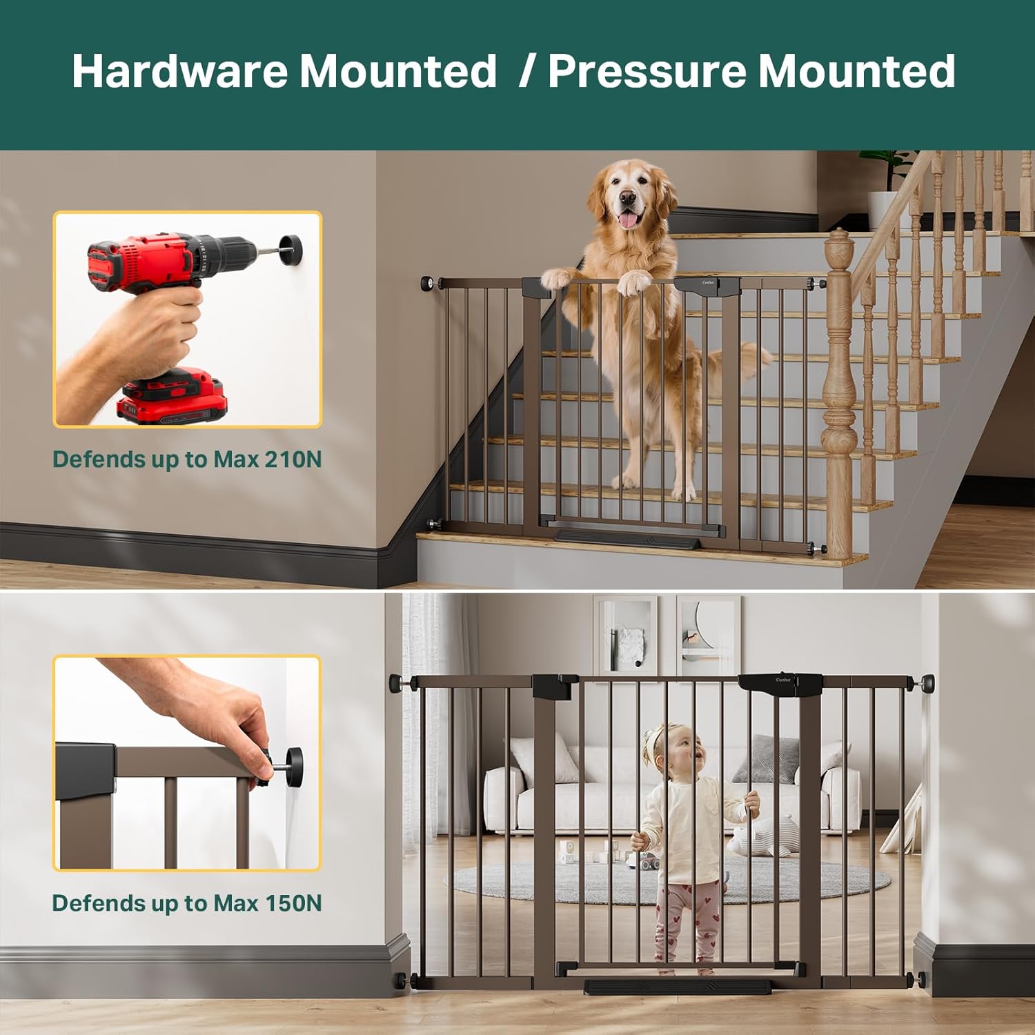 Cumbor 40.6" Wide Auto Close Baby Gate & Cumbor 51.5" Wide Dog Gate, Durable Child Gate for Stairs, Doorways, Easy Walk Thru Dog Gate for House for Doorways