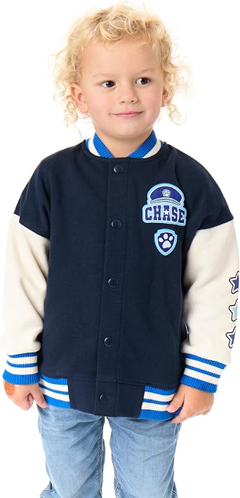 Paw Patrol Chase Boys Bomber Jacket | Kids Blue Puppy Character Logo Varsity Jacket | Childrens Baseball Jacket