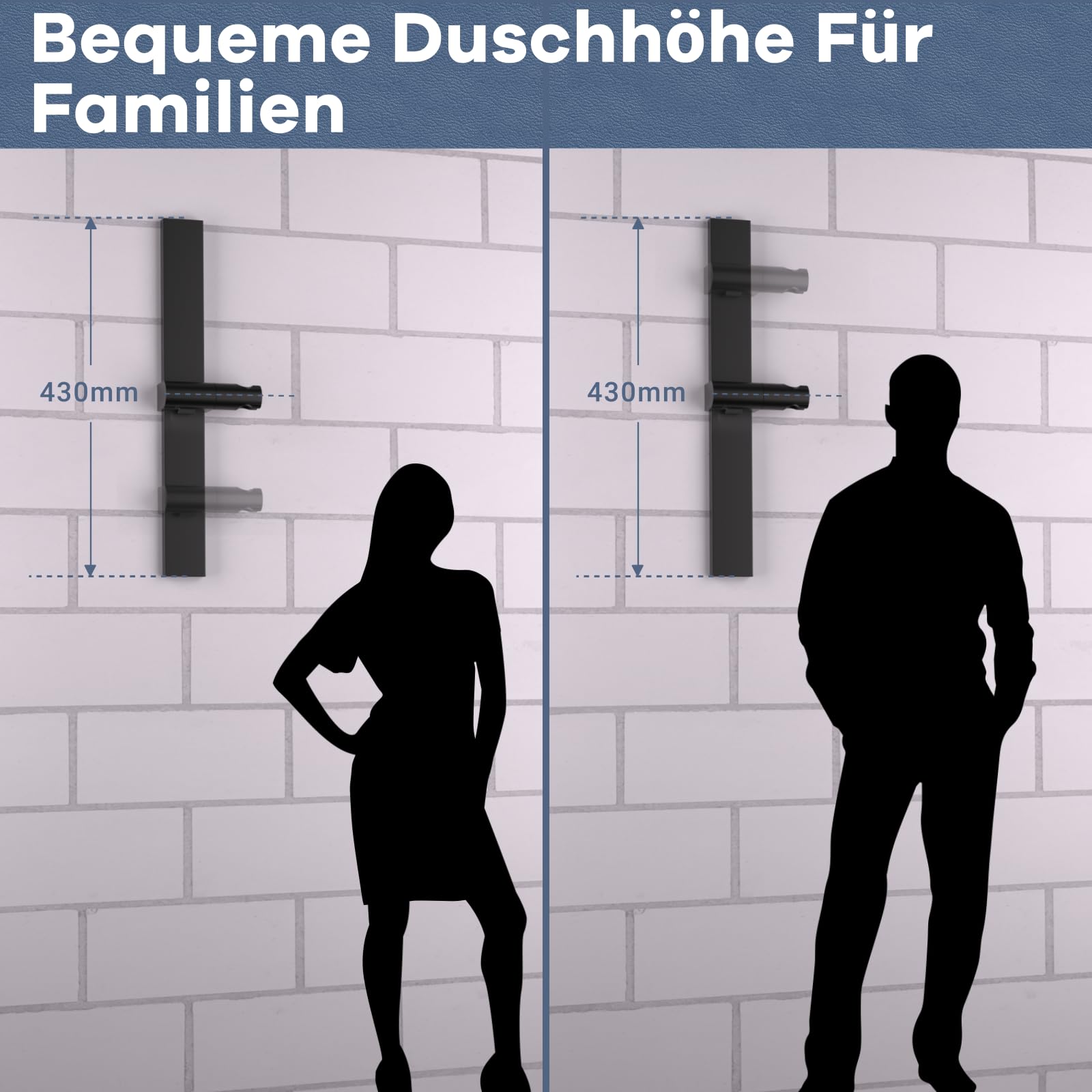 Duschstange Ohne Bohren Brausestange DETBOM mit Kleber Metall Duschstange mit Duschkopfhalterung Höhen und Winkelverstellbarer 120°, Klebe- oder Bohrmontage, Schwarz
