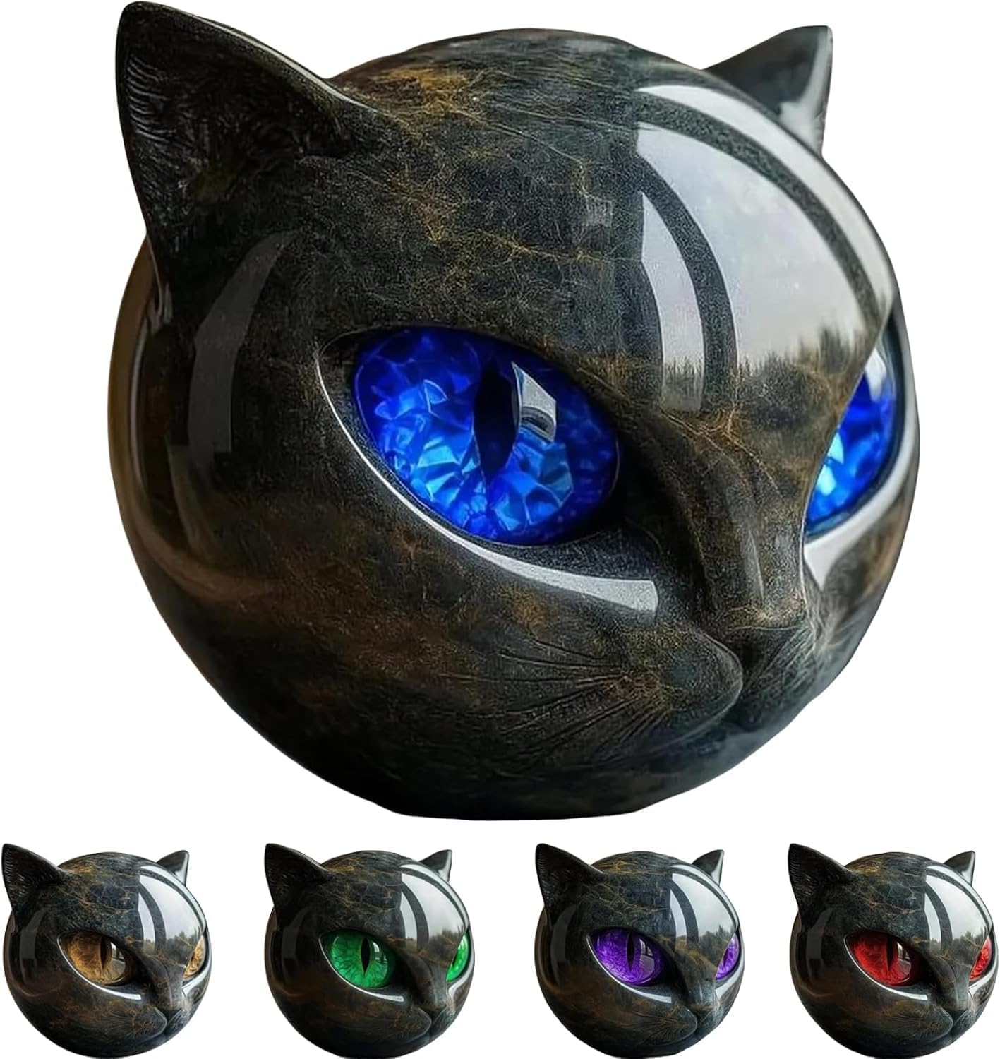 Mcuhm Luxury Black Cat Stone Sculpture - Handcrafted Resin Mini Cat Statue with Marble Texture & Amber Eyes - Elegant Cat Ornament for Home Decor & Collectors (Blue)