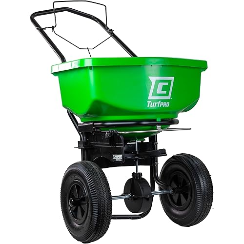 Chapin 89200A Spreader, Lawn and Garden, 80Lbs, All Season, TurfPro, Broadcast, Push, Walk Behind, 12" Tires, Weather-Proof, Poly Hopper, Pull-Bar Lever with 30 Setting Gate, Fertilizer and Seeds