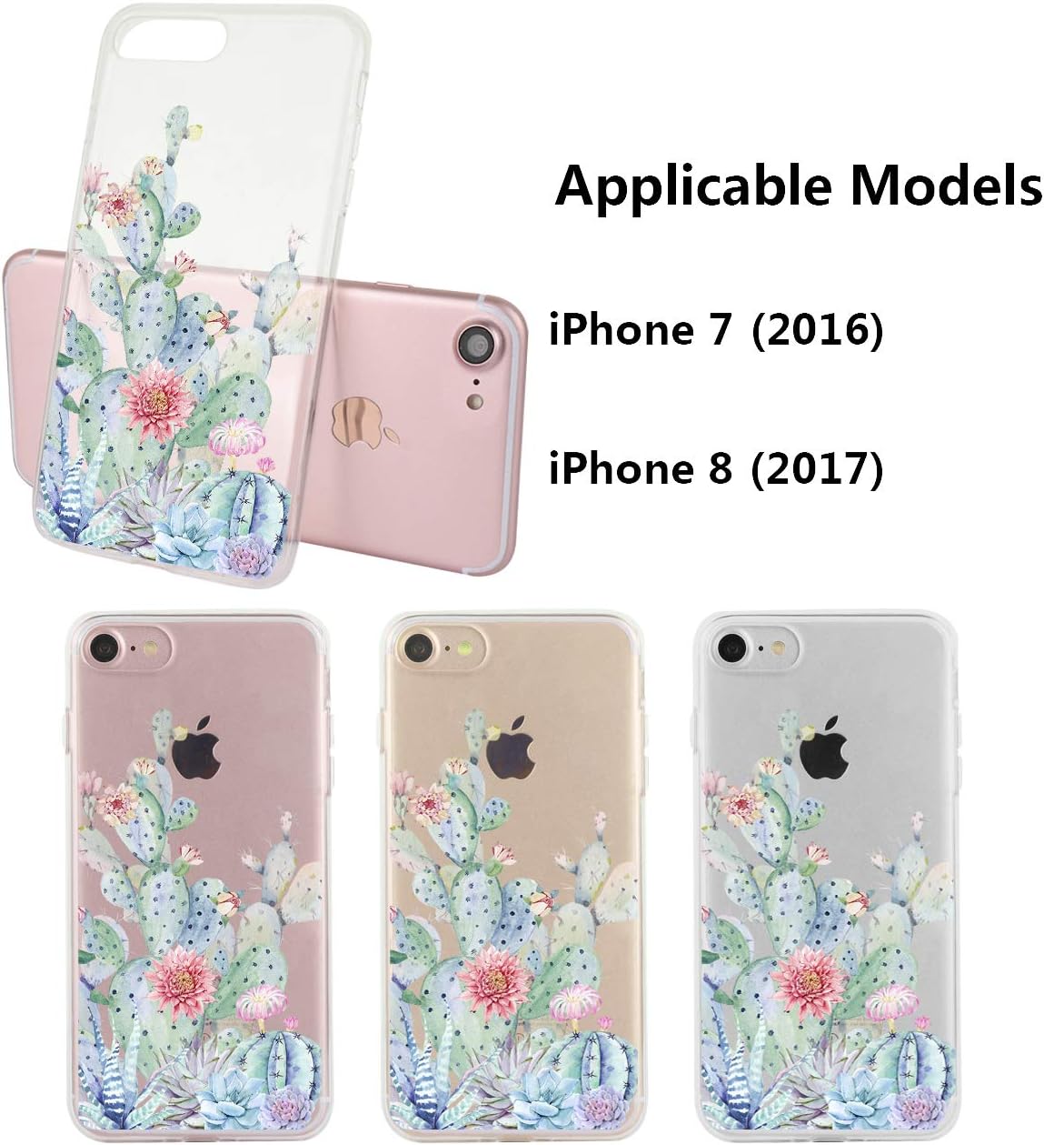 TRENSOM iPhone SE 2020 Case iPhone 8 Case iPhone 7 Case for Women Clear Protective Case with Design, Cute Cactus Case Floral Pattern, Slim Bumper TPU Frame Shockproof Phone Cases Anti-Scratch
